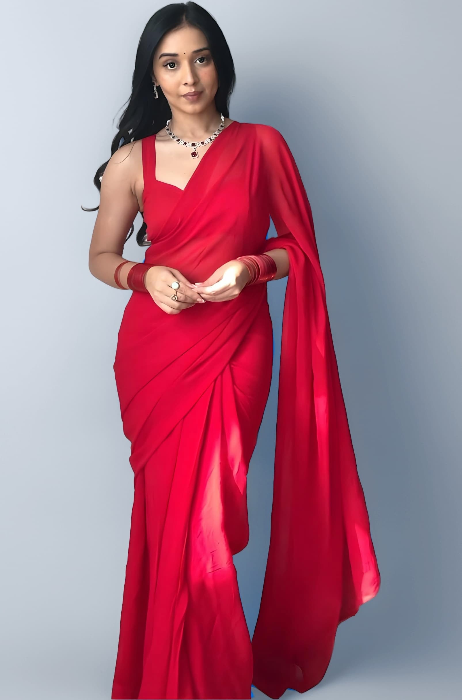 Women's Plain Georgette Ready To Wear One Minute Saree With Unstitched Blouse Piece (Kalki)