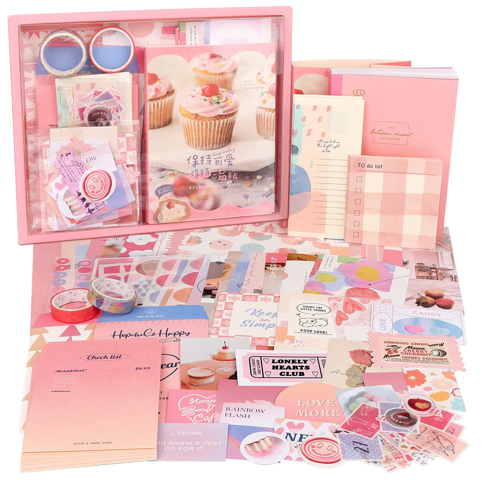 Draupnir Pink Cute Kawaii Aesthetic Scrapbook Kit(348pcs), Bullet Junk Journal Kit with Journaling/Scrapbooking Supplies, Stationery,A6 Grid Notebook with Graph Ruled Pages DIY Gift for Teen Girl