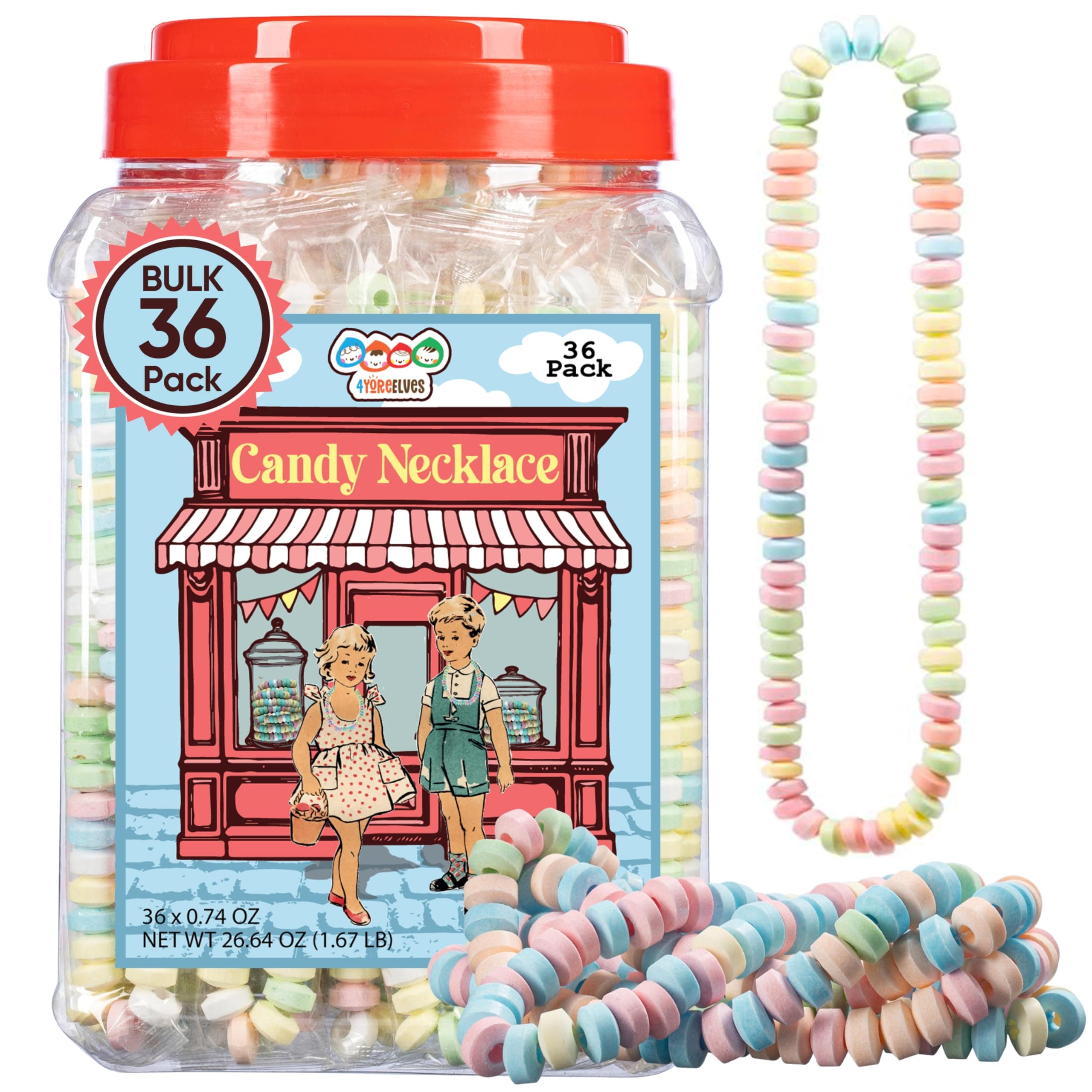 36 Candy Necklaces Individually Wrapped, Easter Candy, Choker Style Nostalgic Pastel Candy Jewelry Perfect for Party Favors, Pinata Fillers and Goodie Bags, Packed in a Convenient Display Tub, By 4YoreElves