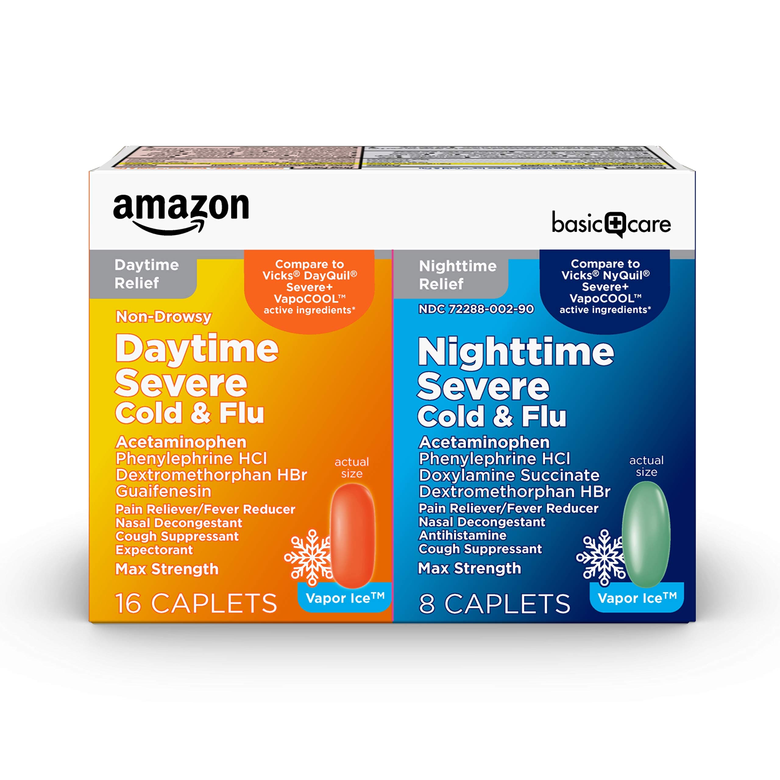 Vapor Ice Daytime and Nighttime Severe Cold and Flu, Multi-Symptom Relief for Cough, Sore Throat, Nasal Congestion, Maximum Strength Coated Caplets, Combo Pack, 24 Count