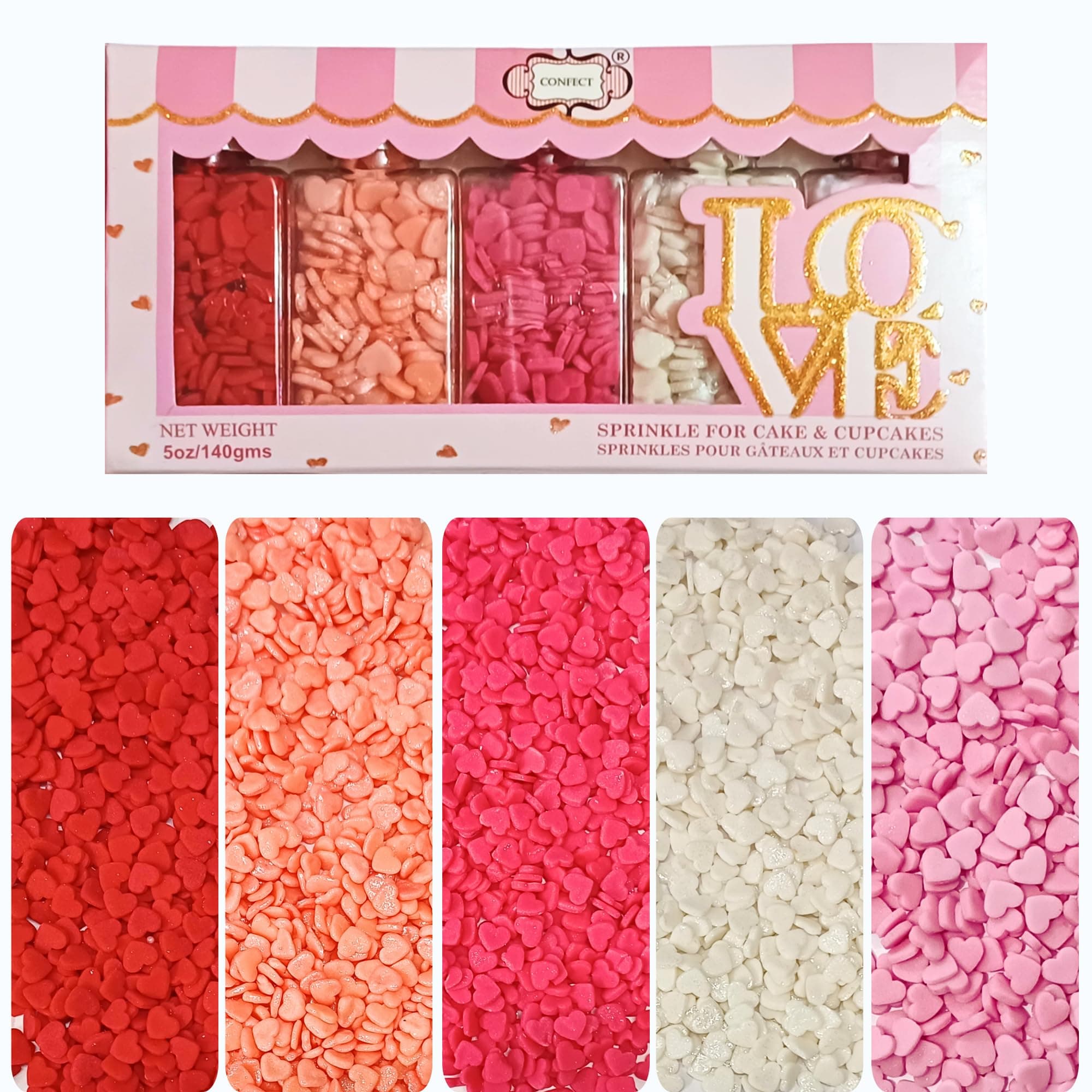 Confect Valentine Heart Sprinkles – Red, White & Pink Edible Sprinkle Mix | Pack of 5 for Cake, Cupcake, Cookie & Dessert Decorating | Celebration & Baking Sprinkles | Vegan, Gluten-Free – 5 Oz