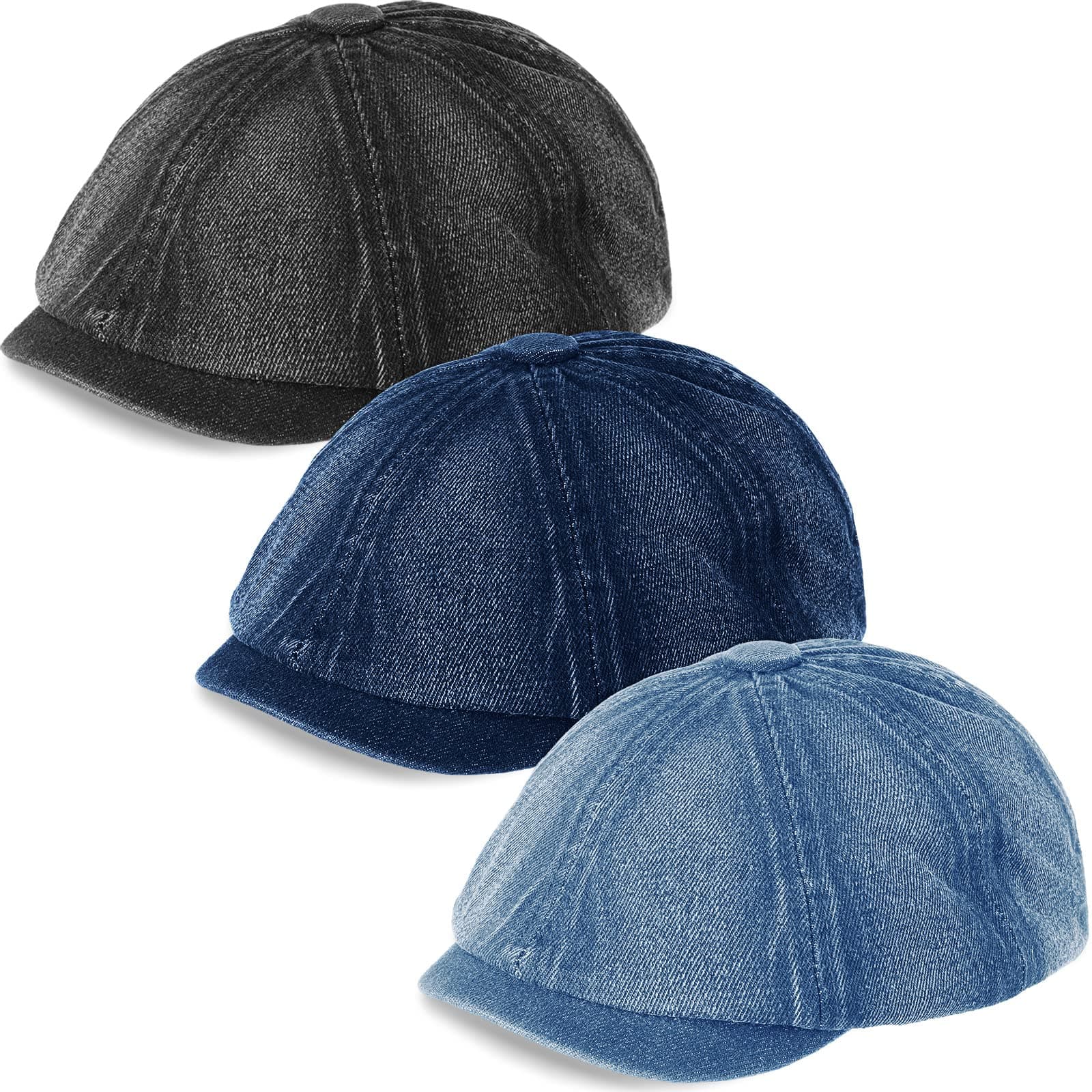 3 Pieces Mens Flat Denim Newsboy Hat Cowboy Hat Cabbie Cadet Golf Flat Cap for Women Men, Black, Dark Blue, Medium Blue, 5