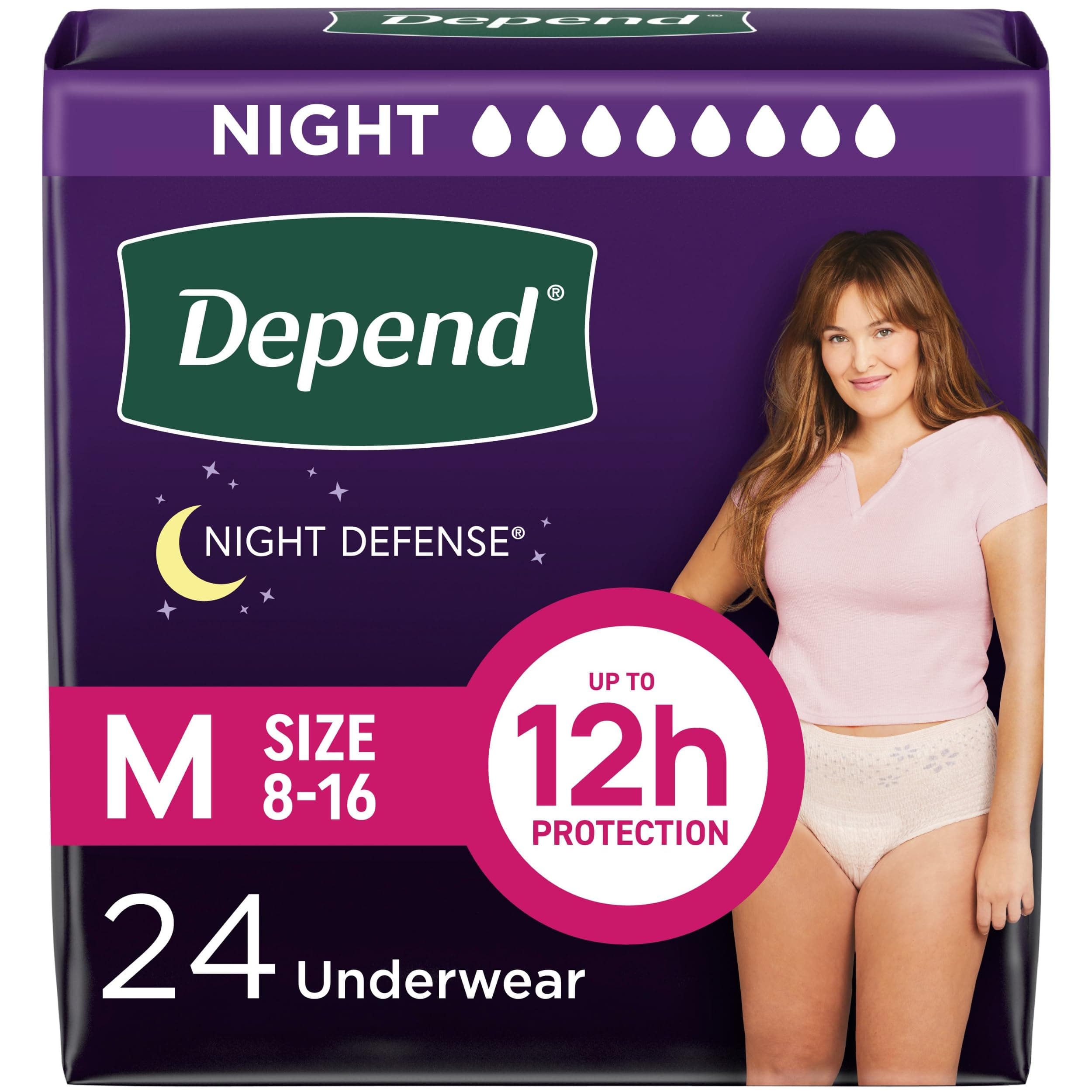 Depend Night Defense Adult Diapers, Incontinence & Postpartum Bladder Leak Underwear for Women, Disposable, Overnight, Medium, Blush, 24 Count, Packaging May Vary