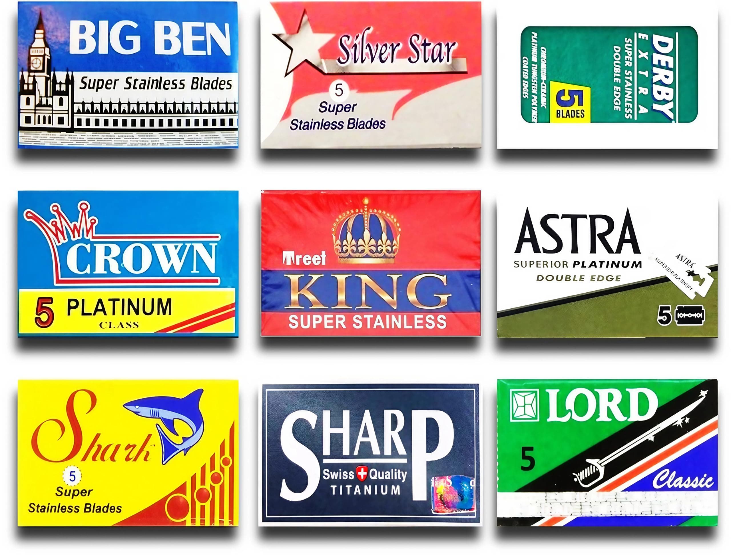 Astra-Derby-Shark-Lord-Treet-Voskhod-Big Ben 50 Quality Double Edge Sampler (9 different brands)