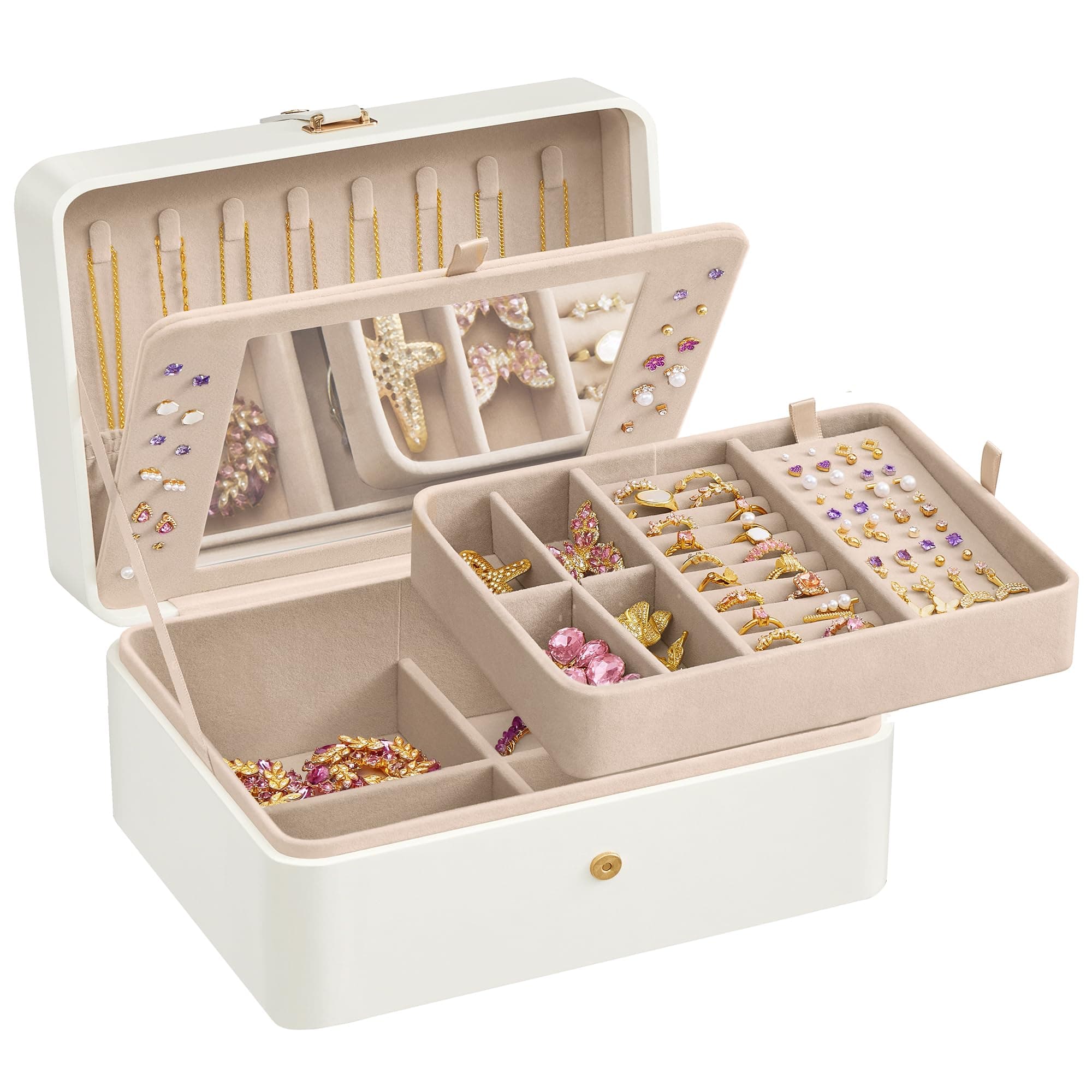 SONGMICS GISELLA Collection - Jewellery Box Organiser with Mirror, 2-Layer Jewellery Storage Case, Removable Tray, 17.6 x 22 x 11 cm, Earring Necklace Storage, Gift Idea, Cloud White JBC200W01