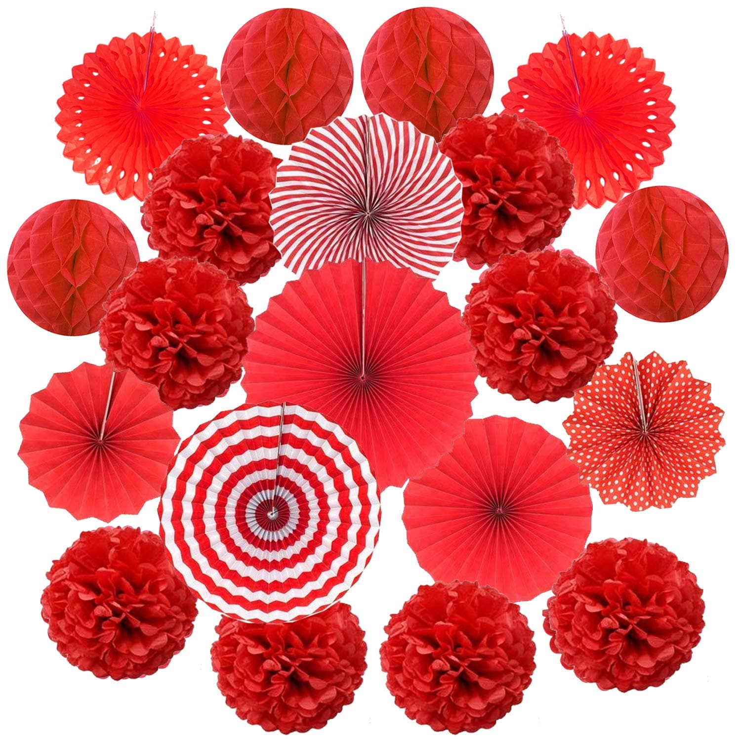 ZERODECO Hanging Paper Fan Set, Tissue Paper Pom Poms Flower Fan and Honeycomb Balls for Birthday Baby Shower Wedding Festival Decorations - Red