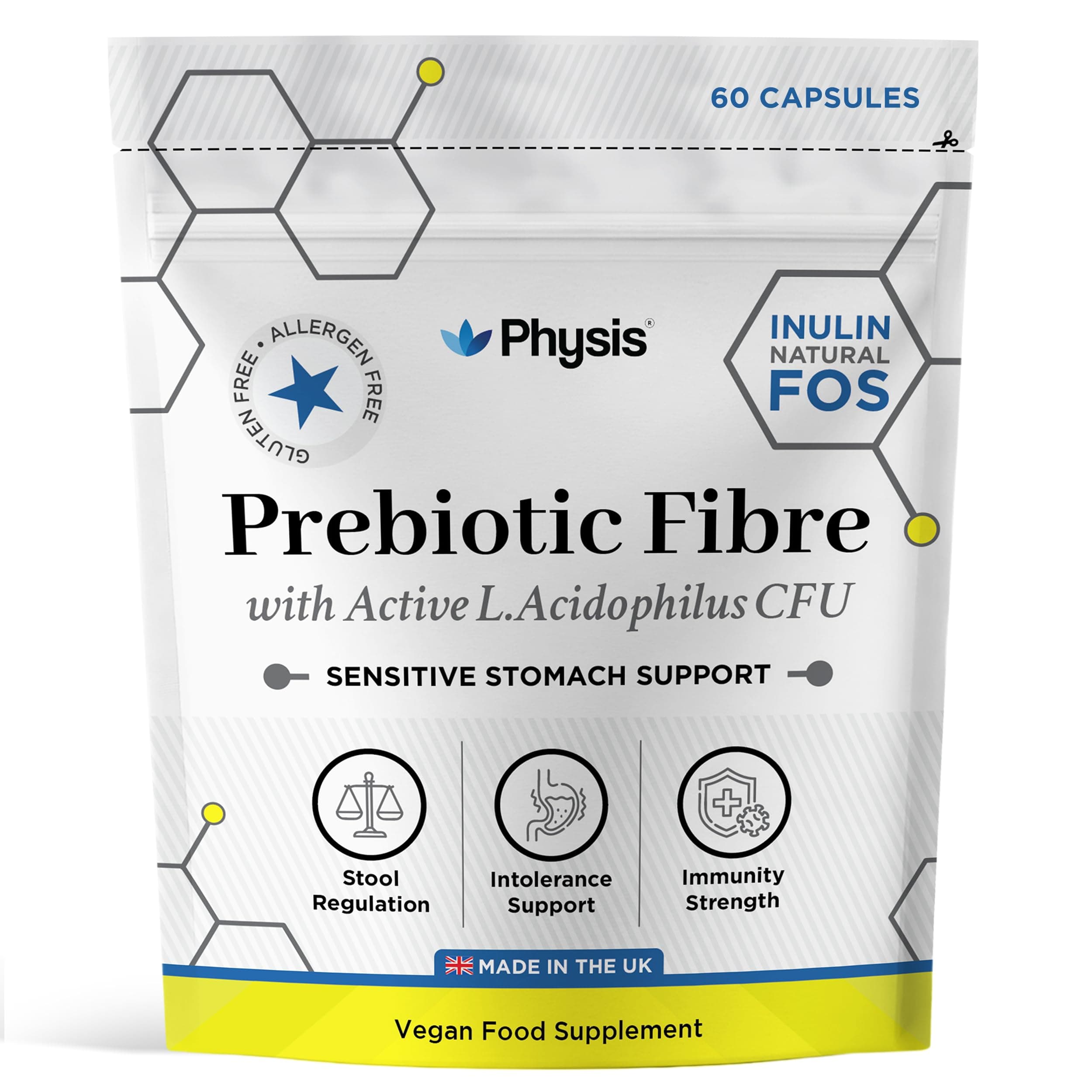 Physis Prebiotics with Probiotics | FOS Fibre Supplement | Gut Health Fiber & Digestion | Diarrhoea & Constipation Relief | 60 Vegan Capsules | 2 Month Supply | Lactobacillus Acidophilus