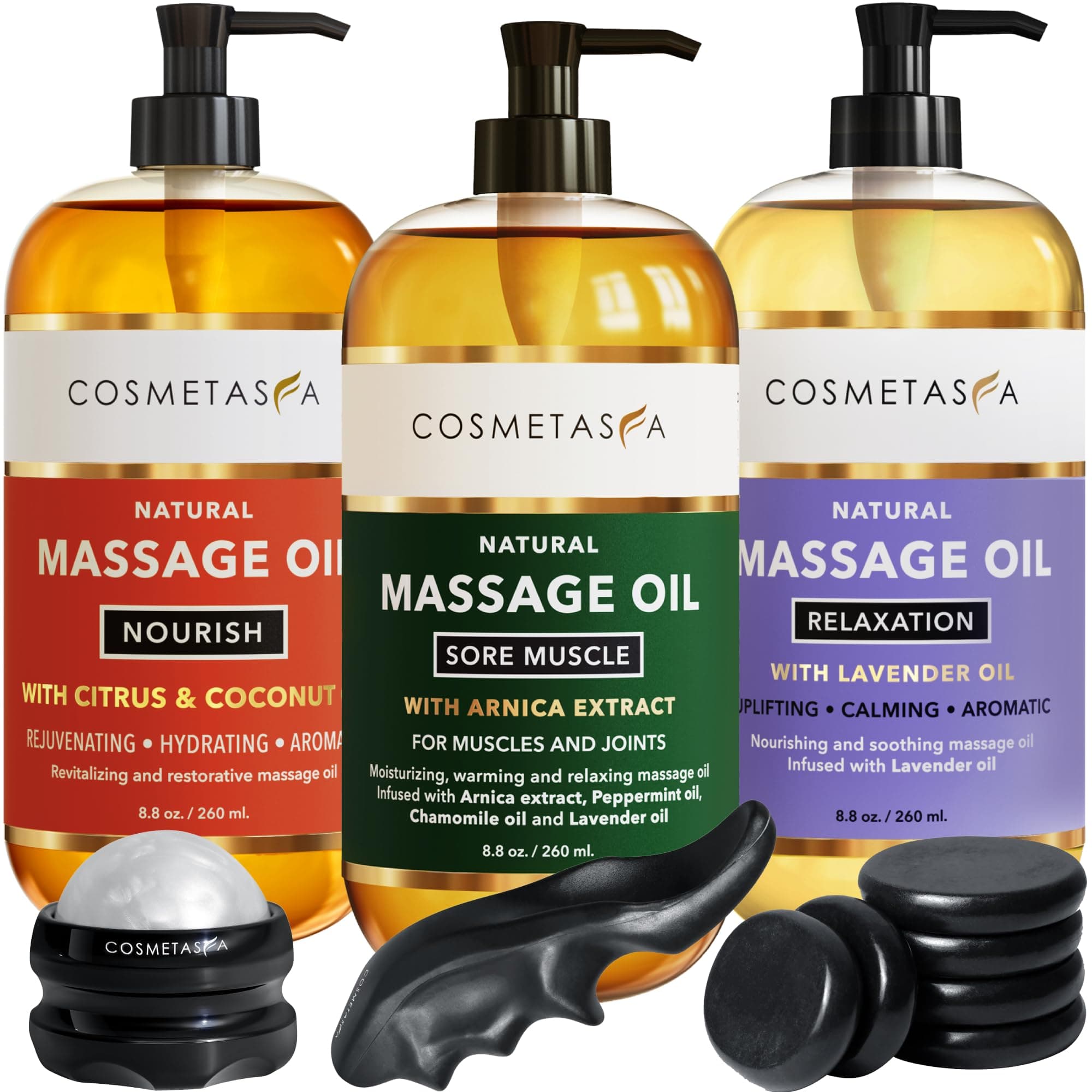 Cosmetasa Spa Gift Set for Women & Men - Relaxation Lavender Massage Oil, Citrus Coconut Oil, Arnica Sore Muscle Massage Oil with Hot Stones, Roller Ball and Thumb Saver Massage Tools