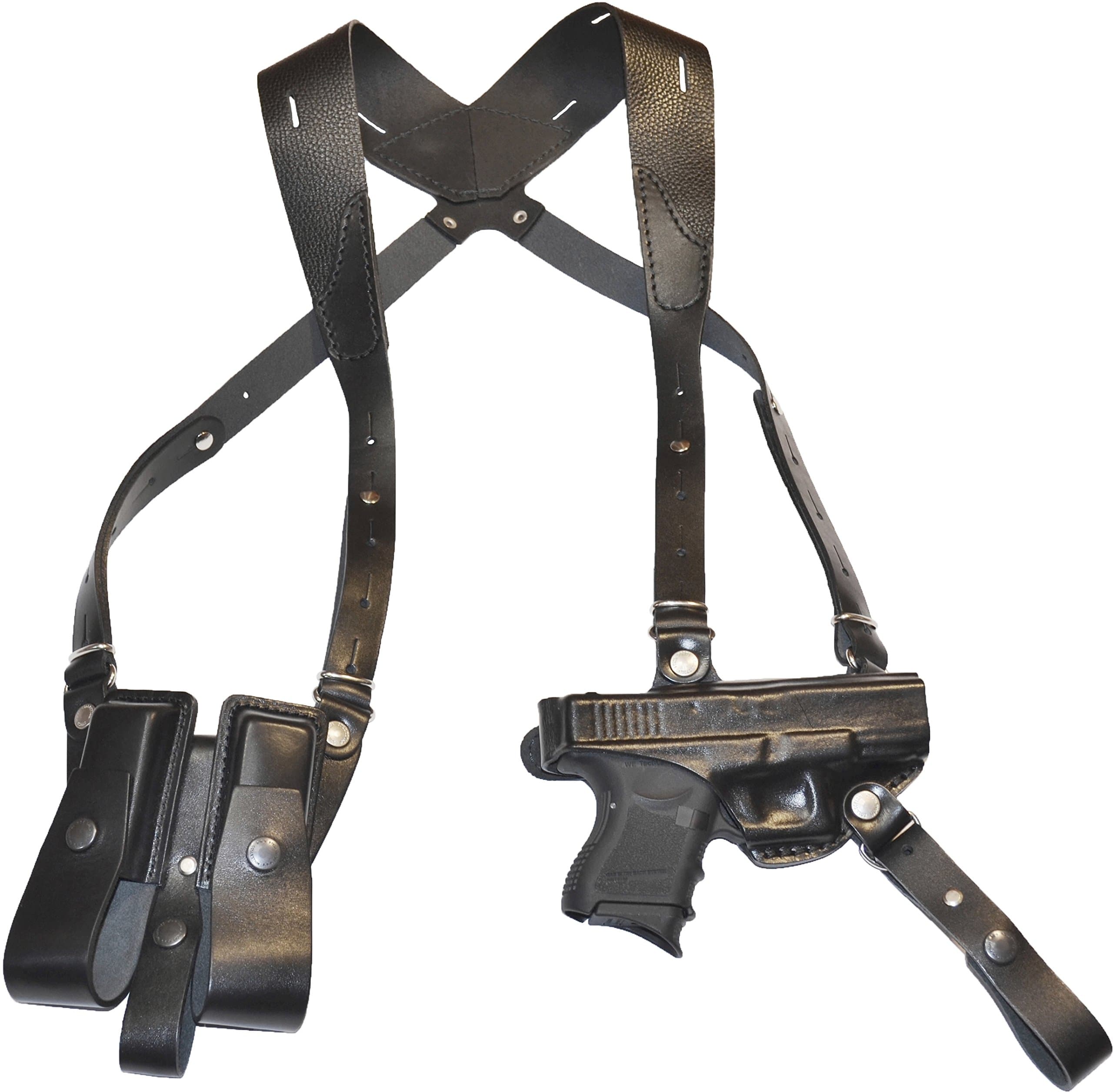 Glock 19, 23, 25, 32, 38 Shoulder Gun Holster with Double Magazine Holder, Genuine Leather, Black, RH