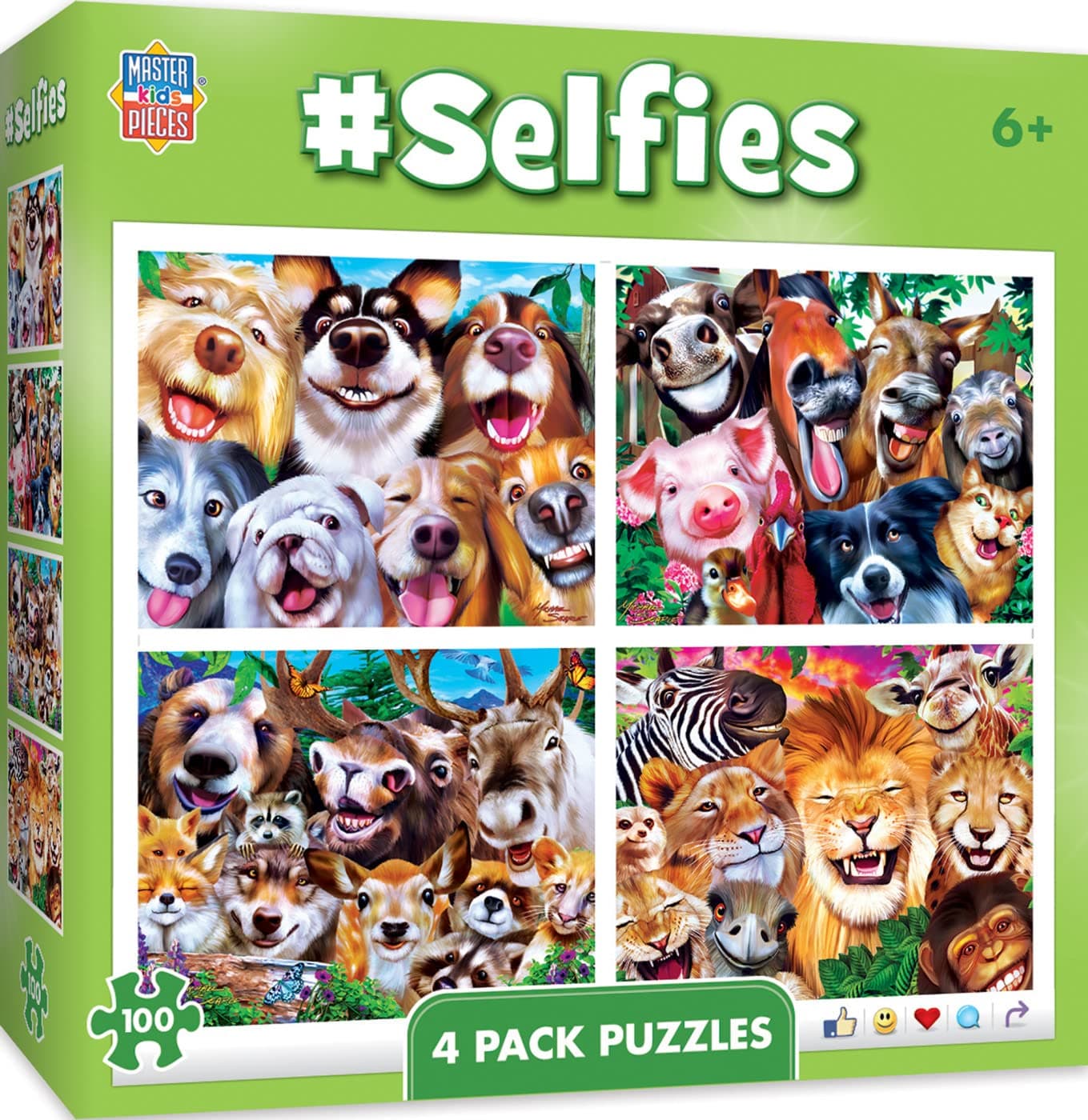 MasterPieces – Jigsaw Puzzle Set for Kids 6+ Years, 4-Pack of 100 Pieces, Educational and Fun Game, Silly Animals Collection, Gift Idea for Children, 8" x 10"