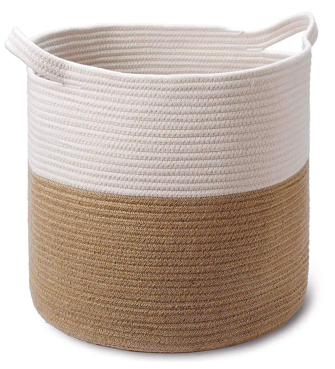 Large Jute Cotton Coiled Rope Basket - 15 x 15 x 16 Inch - Decorative Woven Storage Basket Laundry Hamper for Sofa Throws, Pillows, Toys, Clothes, Towels, Shoes