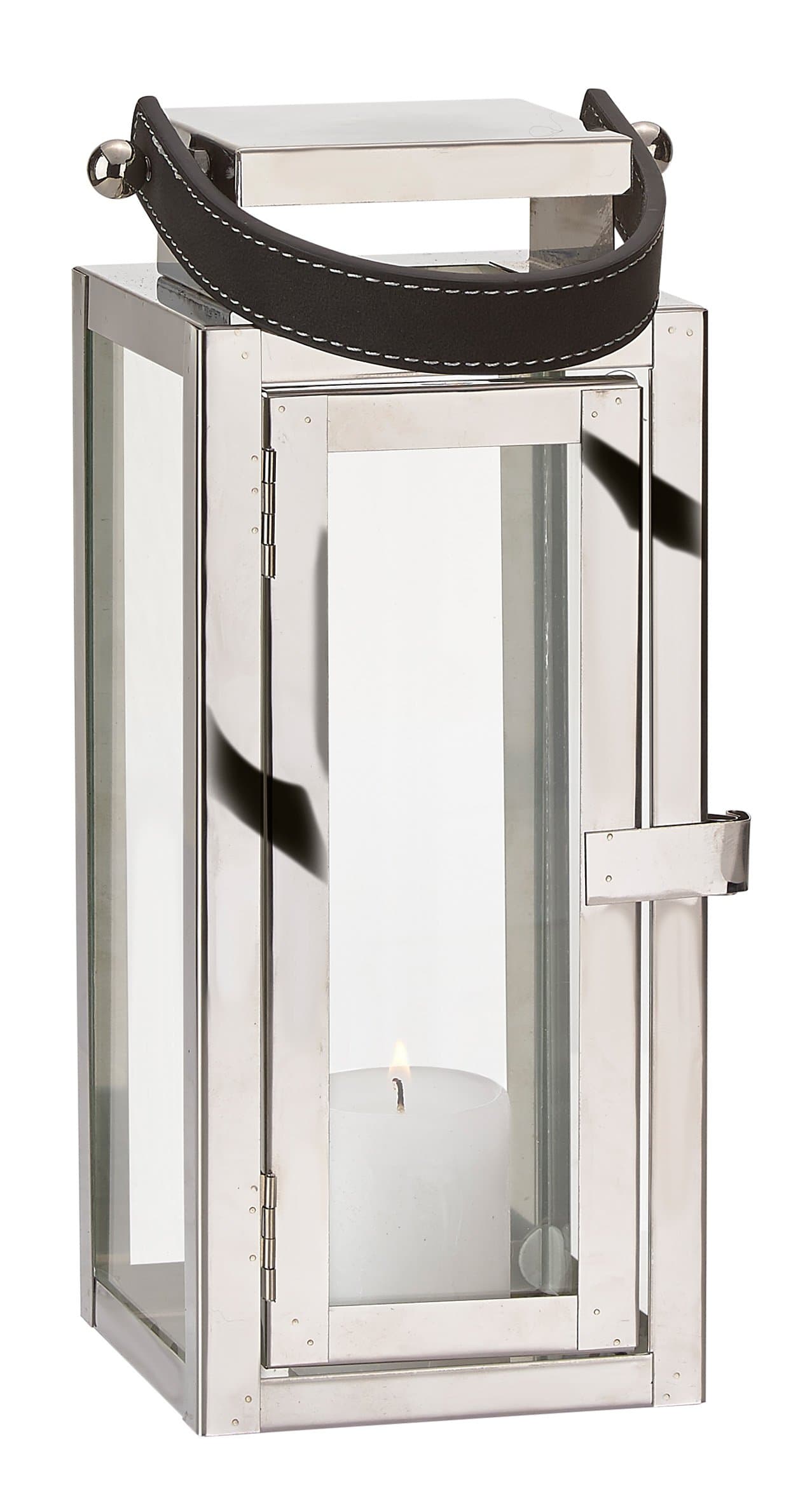 Villa Collection Stainless Steel and Glass Lantern with Handle (Carry Strap) and Door, Garden Lantern, Candle Holder