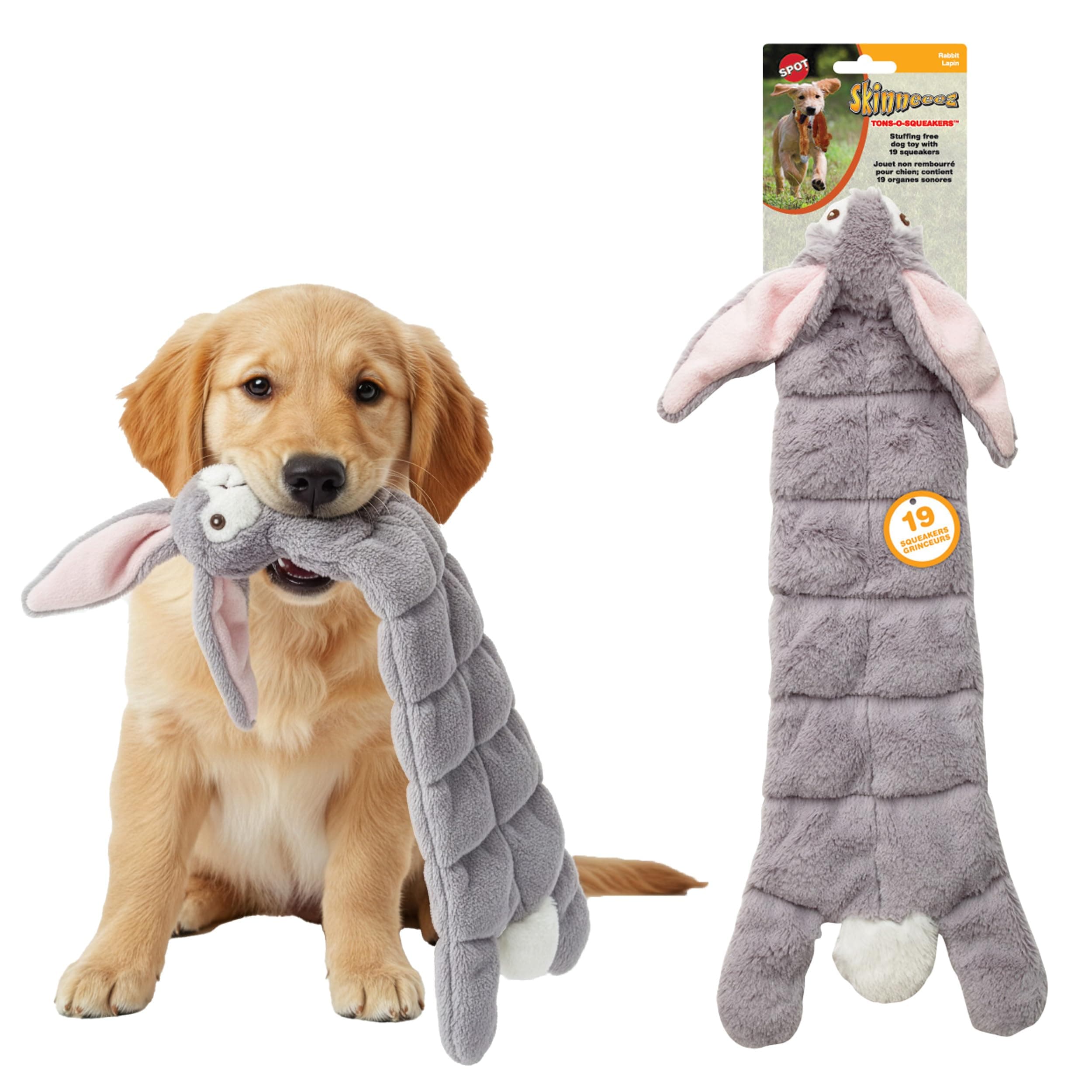 Skinneeez Tons-O-Squeakers Rabbit Dog Toy - with 19 Squeakers for Tons-O-Fun! Stuffing-Free, Great for Moderate Chewers, Tug Toy for Medium to Large Puppies & Dogs - 20in, Assorted Styles