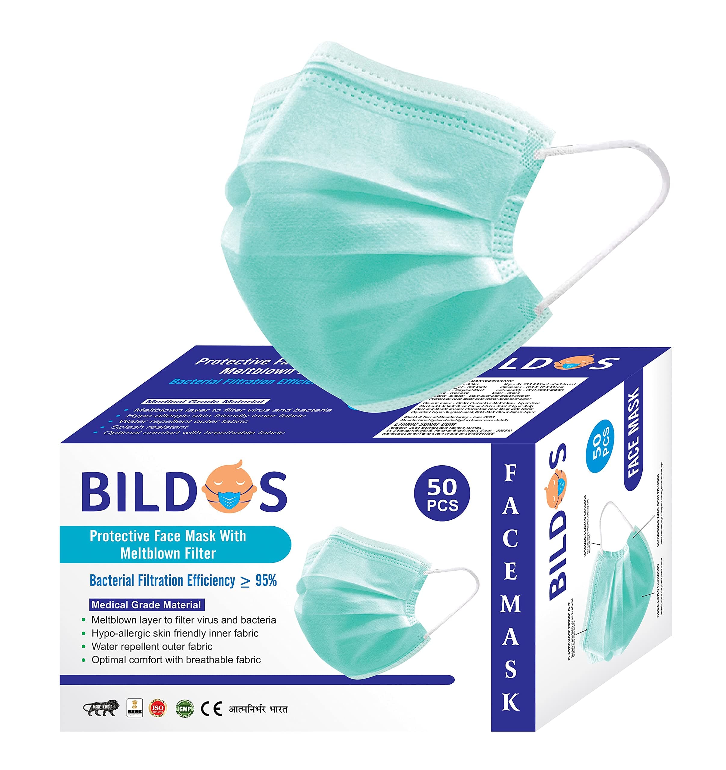 Bildos® Melt-Blown Fabric 3 Layer Disposable Surgical Face Mask with Nose Clip (Green, Without Valve, Pack of 50) for Unisex