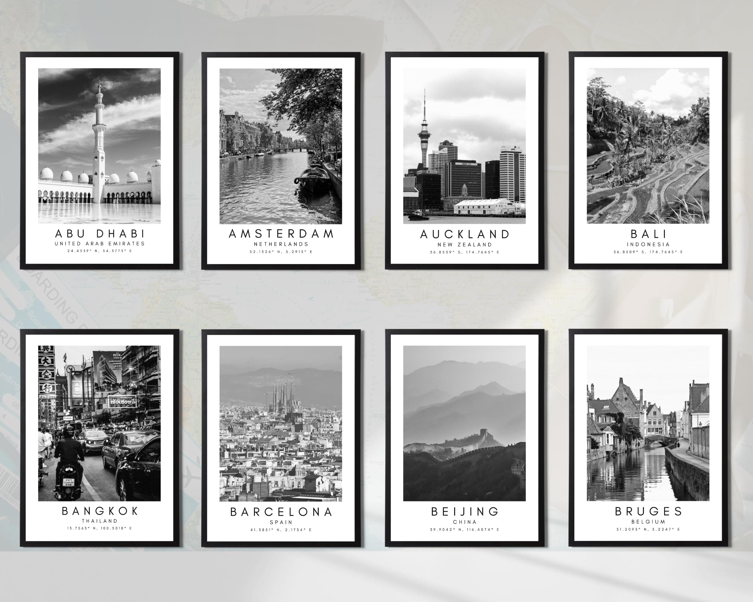 State Media Vision Custom City Landmarks Prints in Black & White, Selection of 80 Global Cities, Travel Destination Posters with Coordinates (Set of 2 A4 Prints)