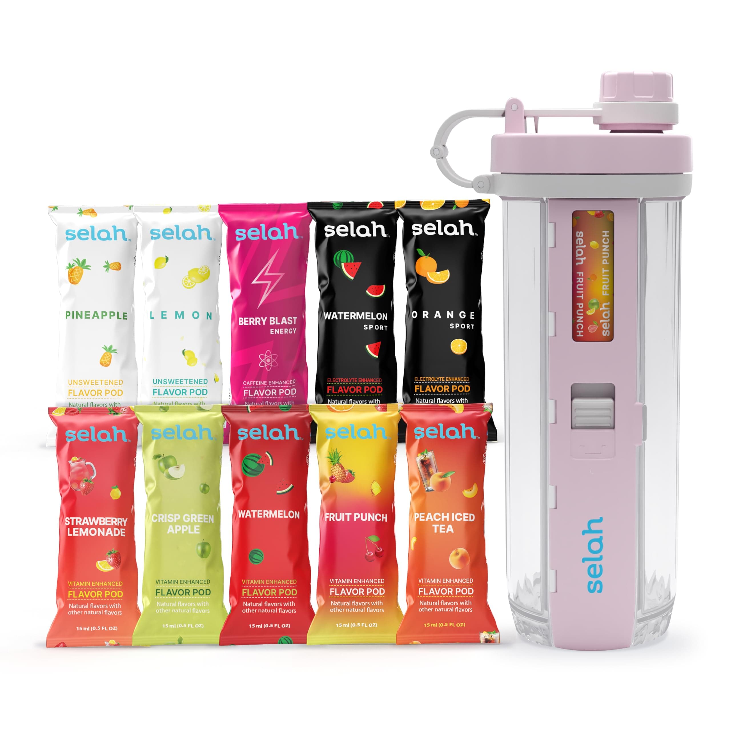 Selah Flavored Water Bottle - Water Enhancer, Sugar Free, Vitamin Infused Water - 20oz Water Bottle With Flavor Pods Included - Energy Drink, Strawberry, and Sports Drink Pods (Pink, 10 Flavor Pods)