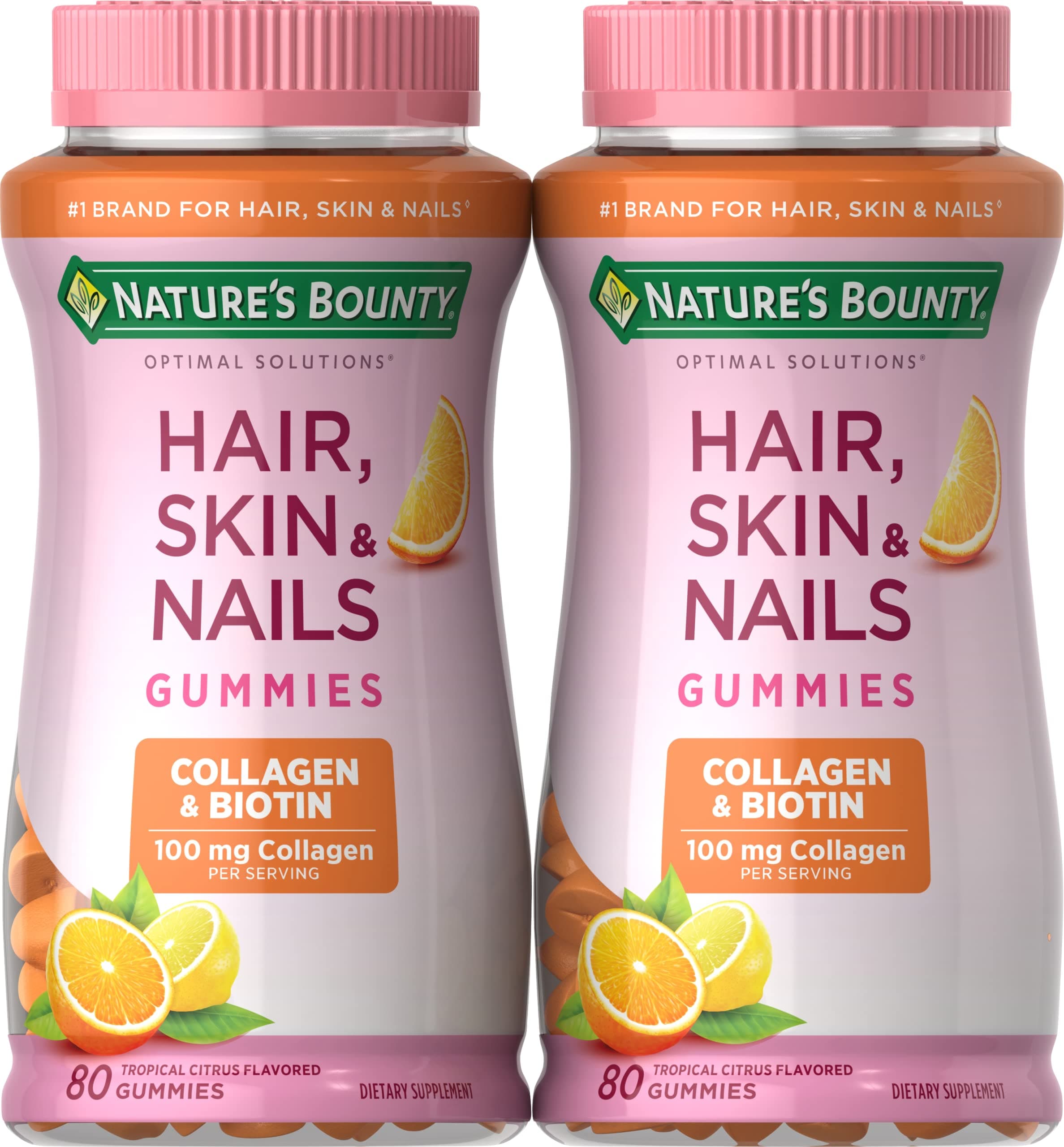 Hair, Skin & Nails with Biotin and Collagen, Citrus-Flavored Gummies Vitamin Supplement, Supports Hair, Skin, and Nail Health for Women, 2500 mcg, 80 Ct (2 Pack), 80 Total Servings