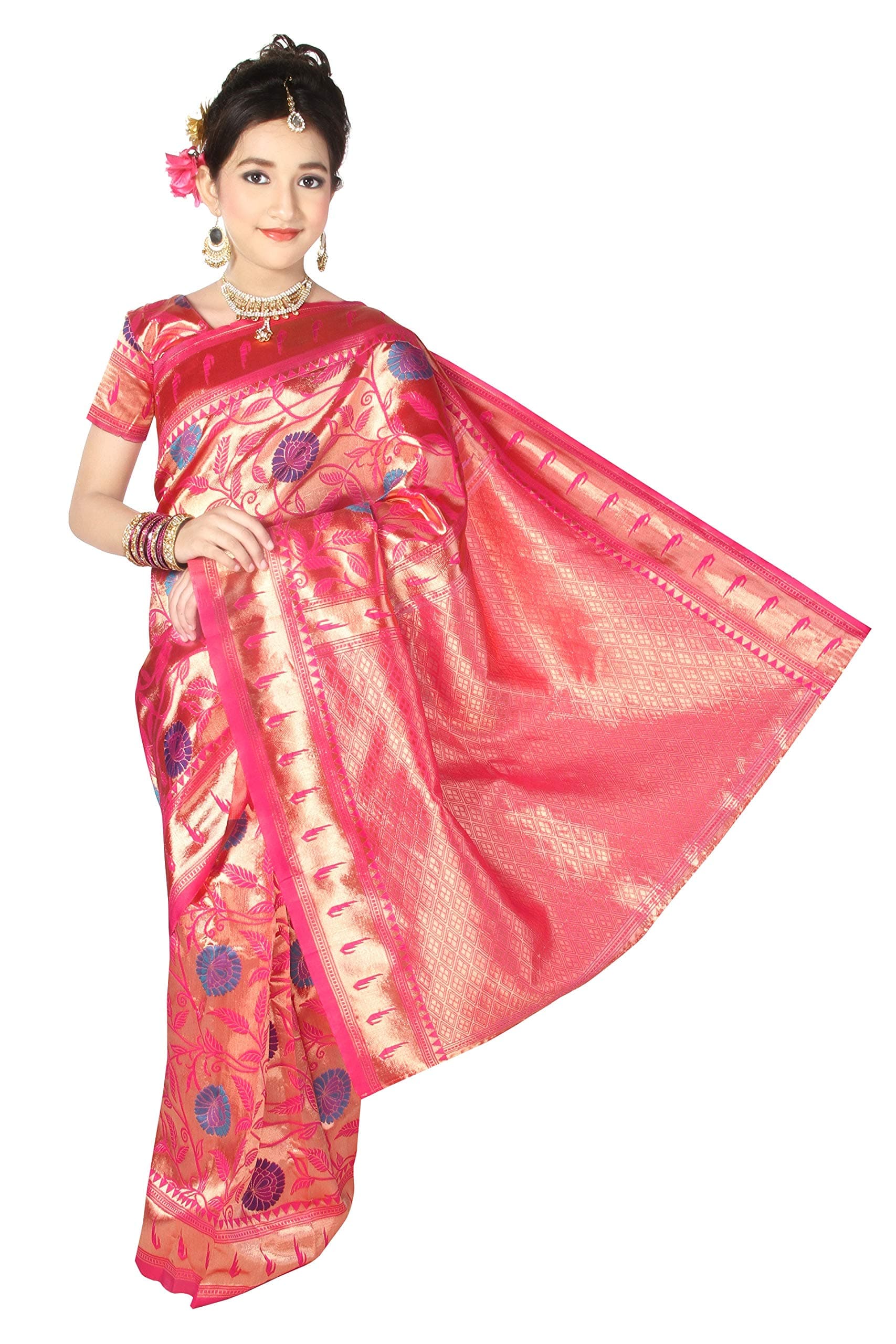 Pratima Benarasi All-over Jari and Meena work Rani colour Ready to Wear Pre-stitched Saree