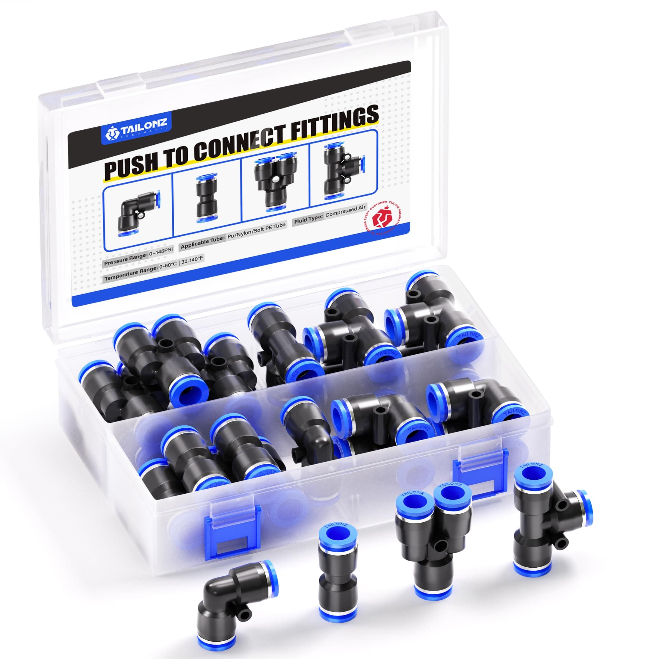 Tailonz Pneumatic 3/8 inch od Push to Connect Fittings Pneumatic Fittings kit 5 Spliters+5 Elbows+5 tee+5 Straight (20 pcs)