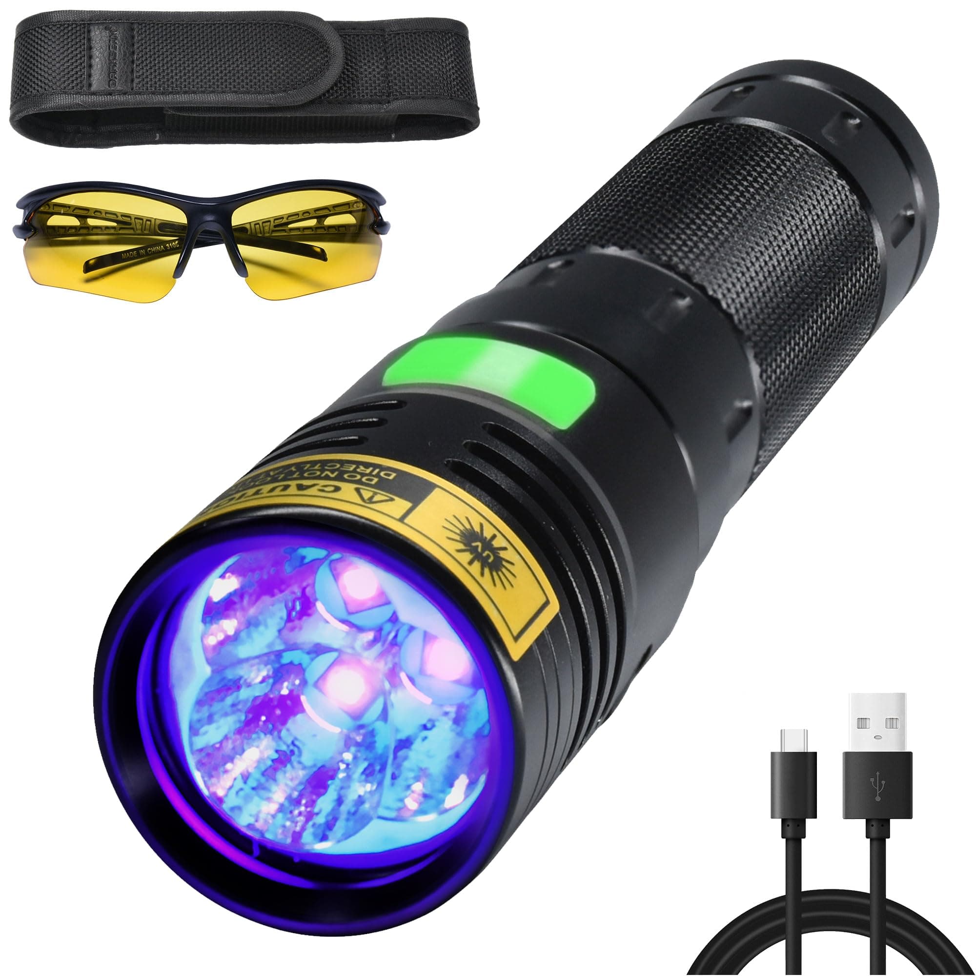 DARKBEAM UV Flashlight 395nm Black Light, 20W High Power 3 UV LEDs USB -C Rechargeable, Mini Woods Lamp Ultraviolet with Glasses- Detector for Pet Urine, Uranium Glass - Leak Detection - Curing Resin