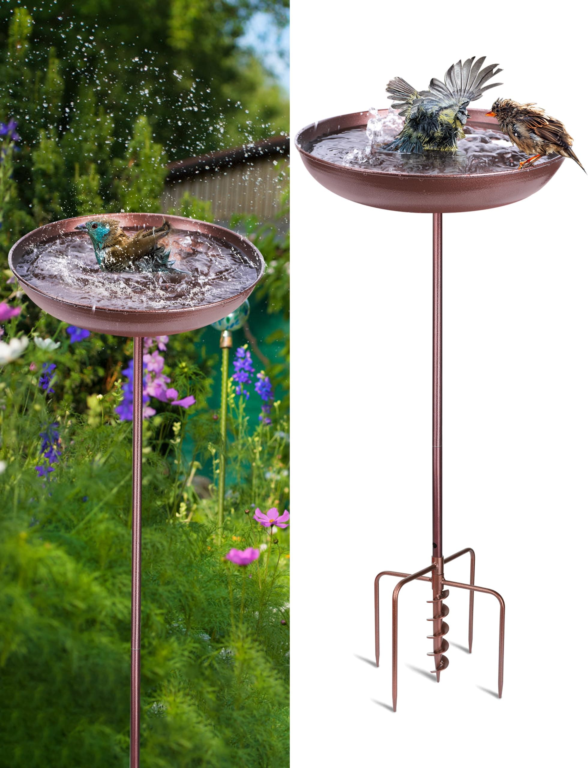 BAIAPEY Antique Outdoor Garden Bird Bath Copper Metal Bird Baths, 12" Bird Bath Bowl with Auger Drill Bit 5 Prong Bases Stake Vintage Garden Birdbath Standing Copper Bird Bath for Yard Garden Decor.