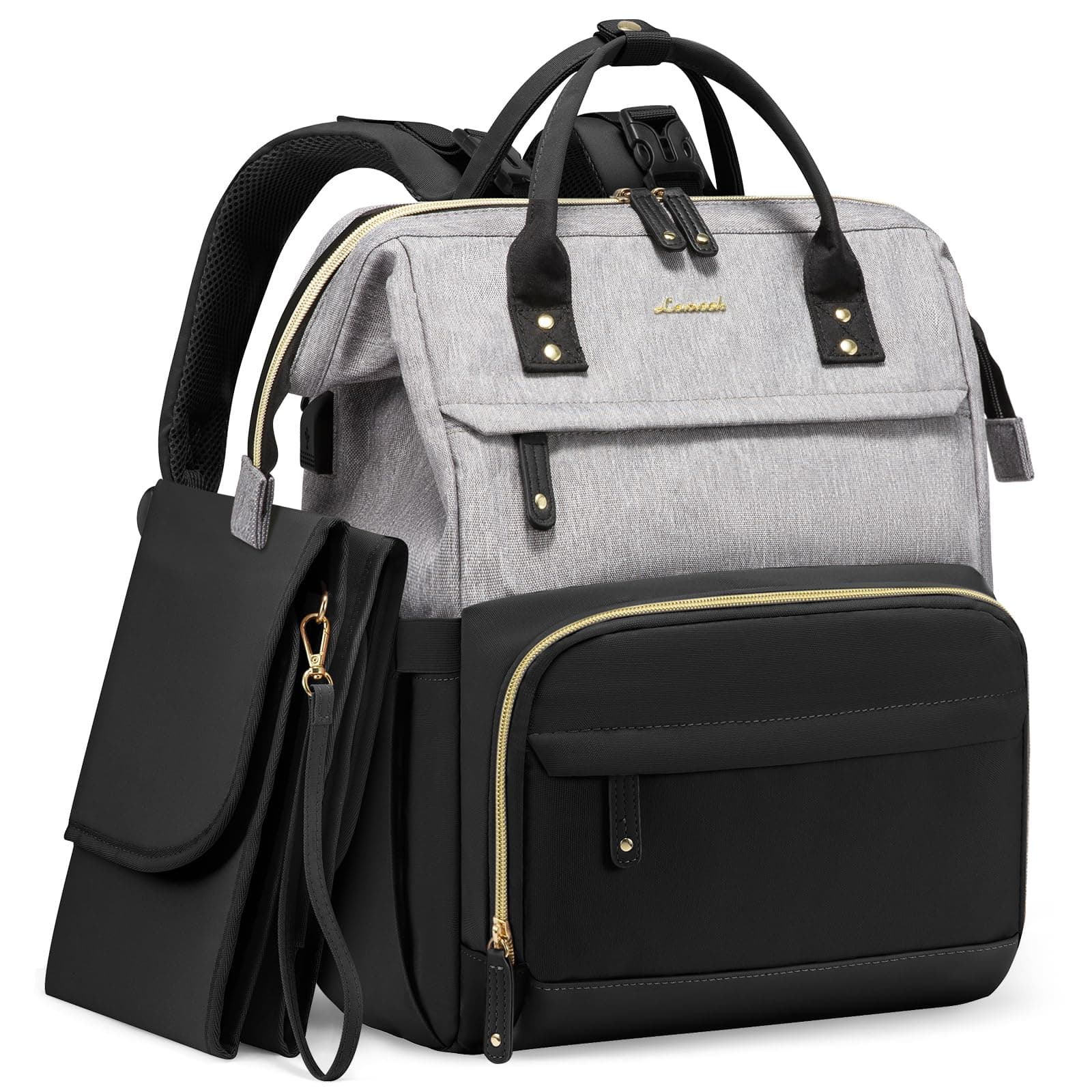 Diaper Bag Backpack, Baby Bag with Changing Station, Large Diaper Backpack for Mom Dads, Waterproof Leather Mommy Bag for Boy and Girl, Travel Essential Baby Shower, Black-Grey