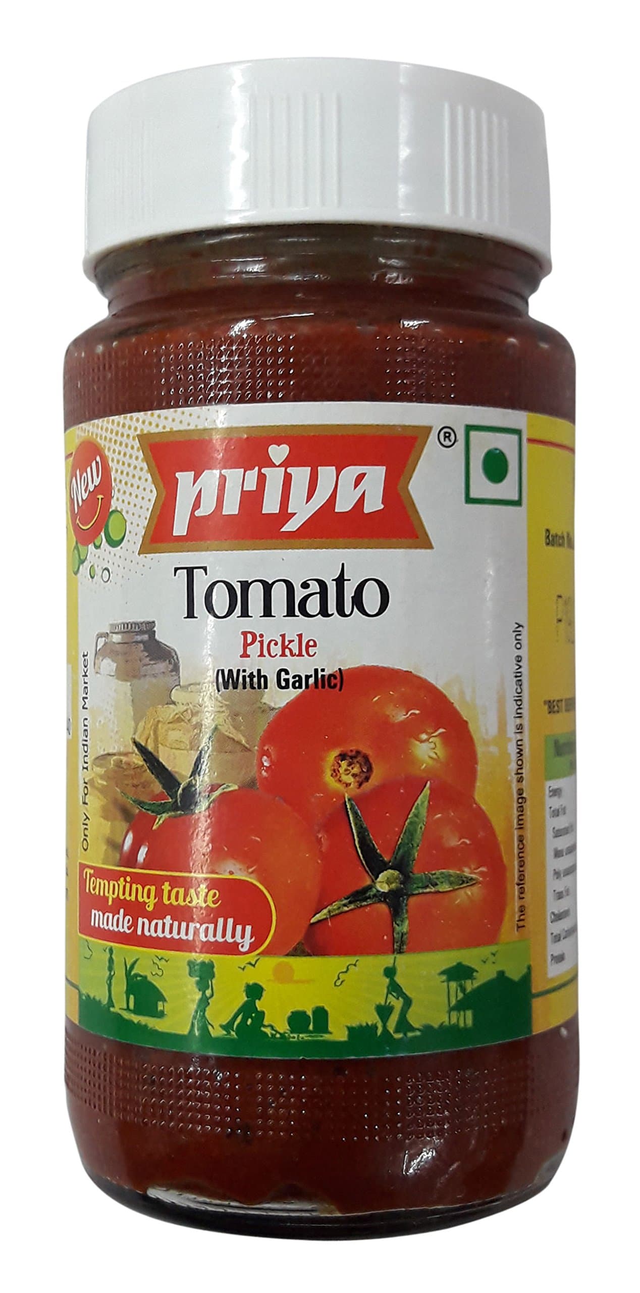Priya Tomato Pickle with Garlic, 300g I Authentic Telugu Style Tamatar Achar |Traditional South Indian Taste| Homemade Andhra Pickles| With Tomato Pieces, Tamarind Paste & Mixed Spices| Glass Jar