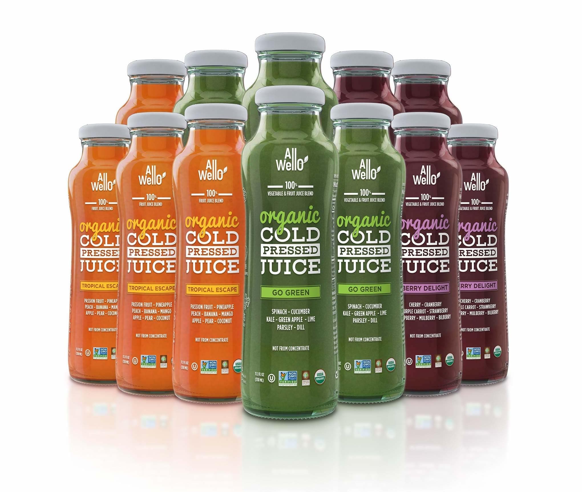 AllWellO Organic Cold Pressed Juice Drinks with Real Fruits and Vegetables Gluten Free Non-GMO Healthy Juices No Preservatives No Sugar Added (Variety Pack, 12 Pack)