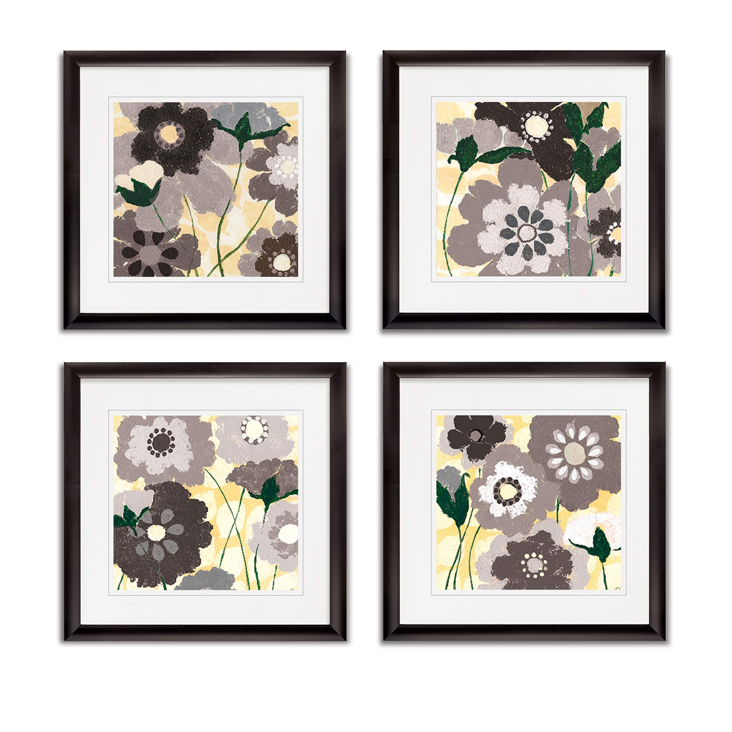 Break Spring Collection Flower Print 4 Panels Set Framed Décor for Home Office Wall Art, 20 x 20 in BlackFrame