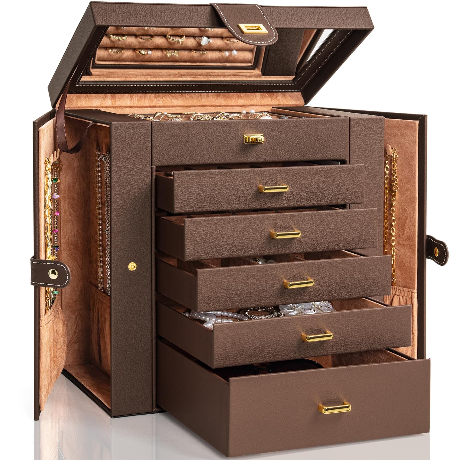 AKOZLIN Extra Large 6-Tier Jewelry Box Organizer with Mirror, 5 Drawers Leather Jewelry Storage Case for Women Girls Ring Necklace Earring Bracelet Brown