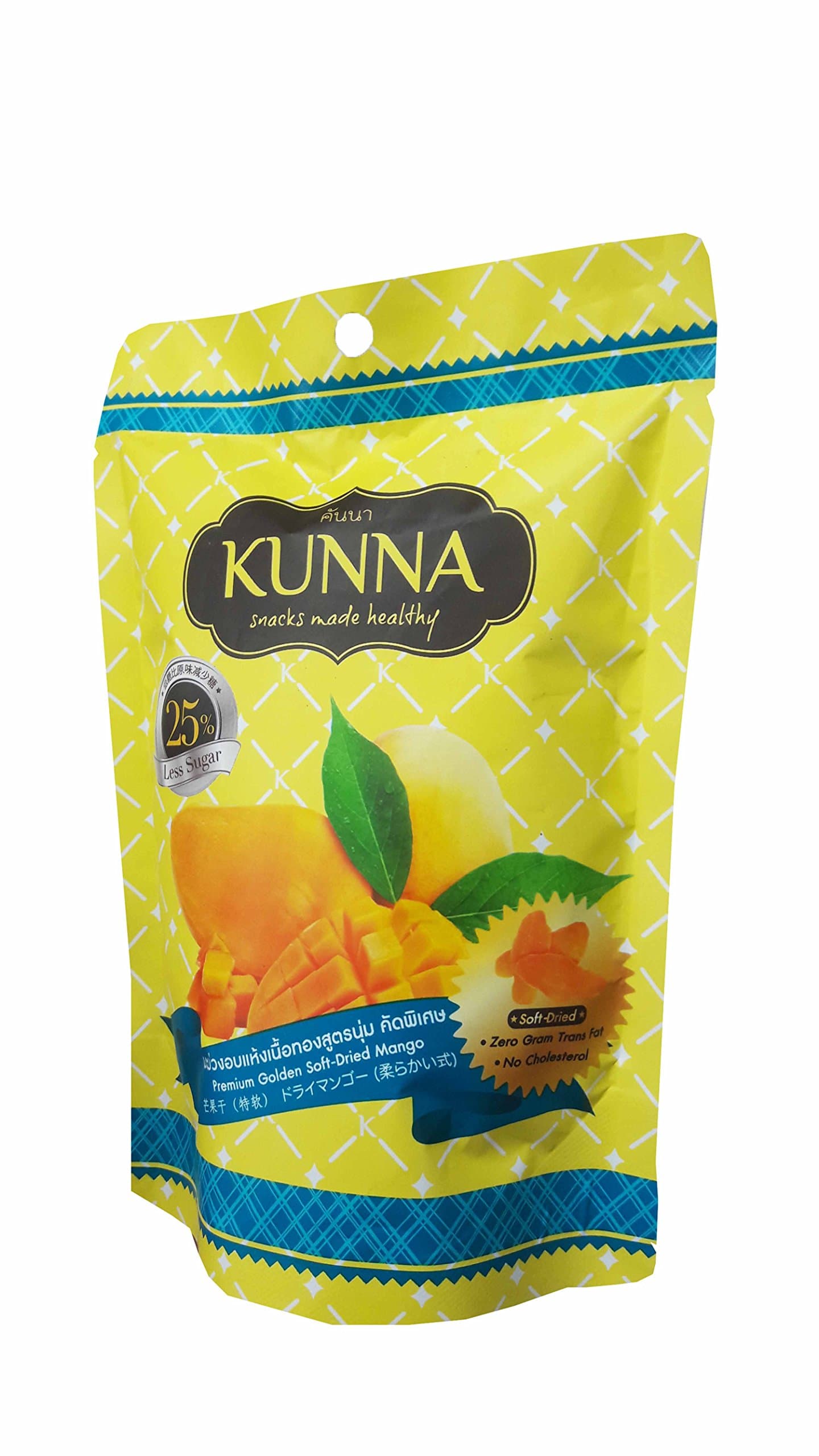 3 Packs of Premium Golden Soft-Dried Mango, snacks made healthy by kunna. Zero gram trans fat, No cholesterol & delicious, premium fruit snack from Thailand) (75 g/ pack)..