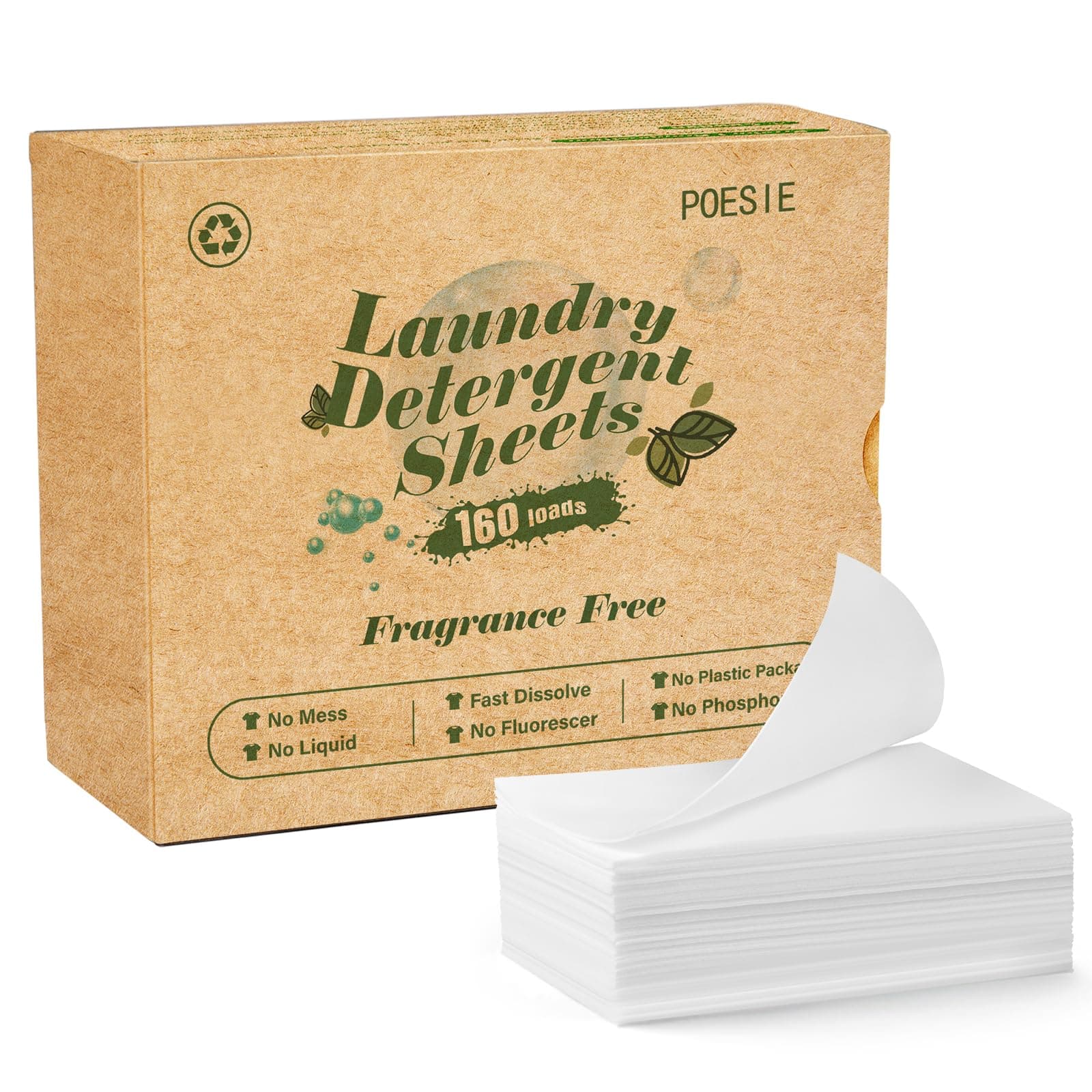 Poesie Laundry Detergent Sheets Detergent Fragrance Free Plastic-Free Precut Zero Waste 160 Sheets Eco-Friendly Liquidless Washing Sheets for Home Dorm Travel Camping Hiking HE Clean Save Space Portable