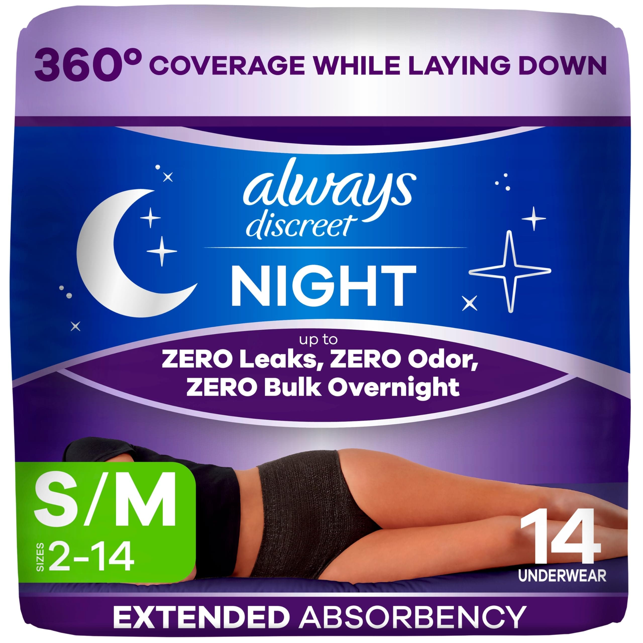 - Always Discreet Adult Incontinence Overnight Underwear for Women, Small/Medium, Up to 100% Bladder Leak Protection, 14 Count