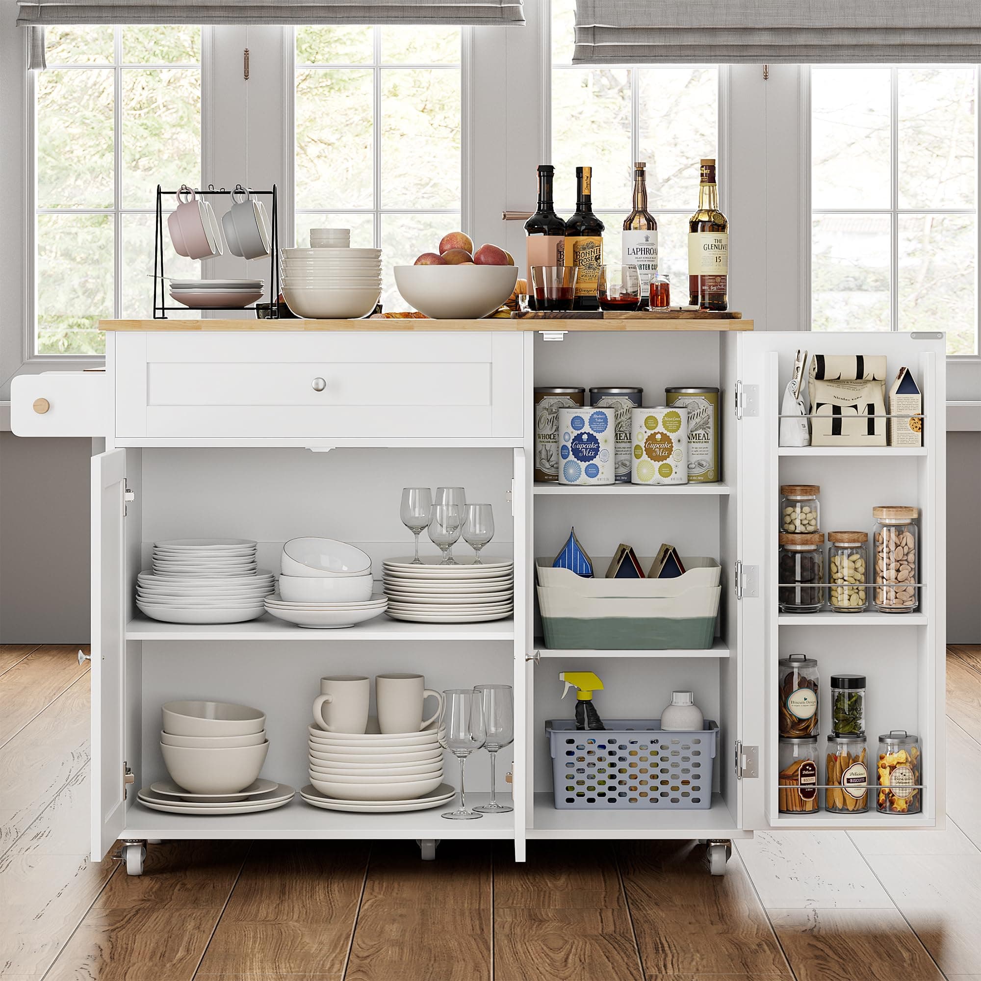 Kitchen Island with Storage, Island Table on Wheels with Drop Leaf, Spice Rack, Drawer, Towel Rack, Rolling Kitchen Island Cart for Dinning Room, White 15.7-27.55" D x 47.63" W x 35.43" H