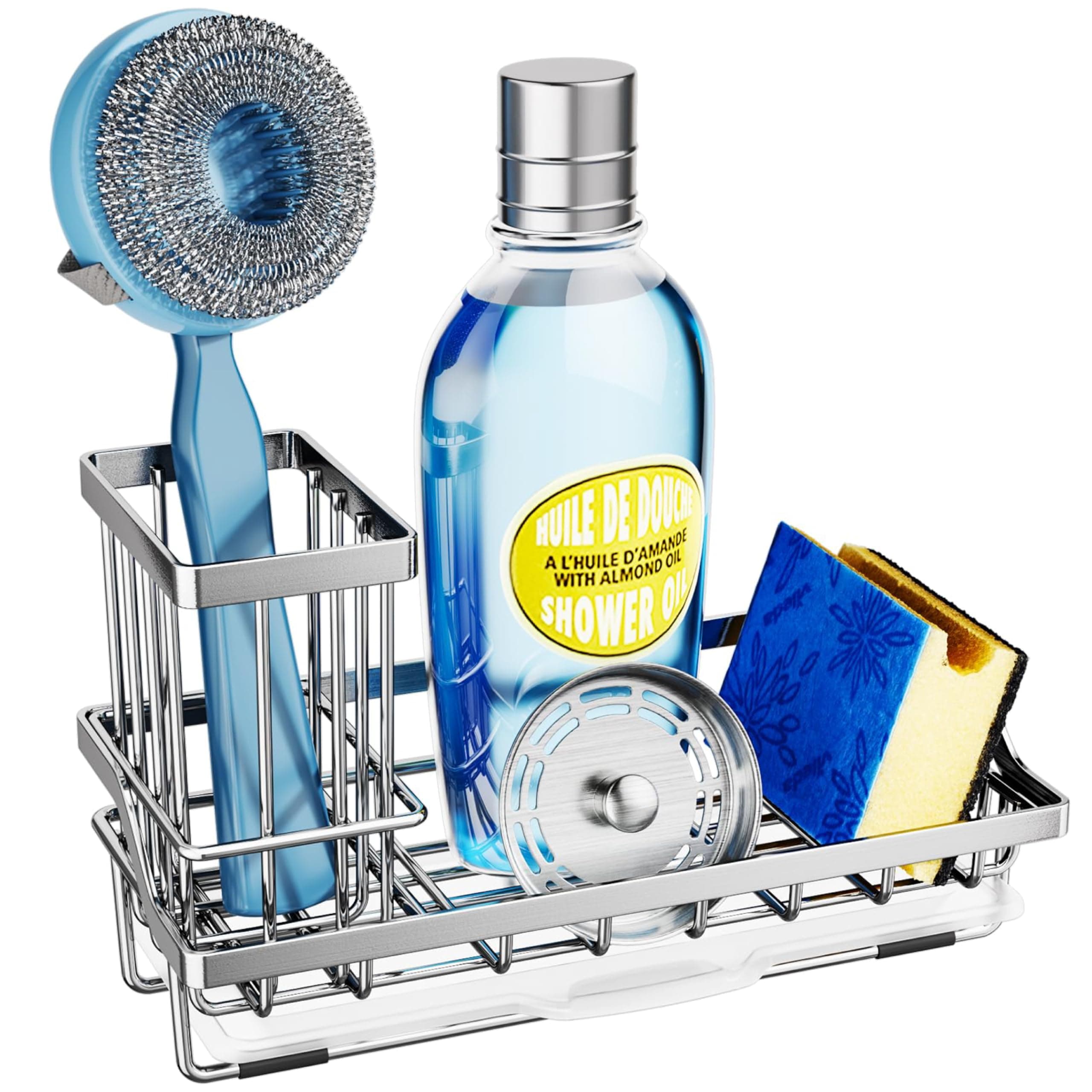 Kitchen Sink Caddy Sponge Holder, Kitchen Sink Organzier and Storage with High Brush Holder and Drip Tray for Dish Sponges, Silver
