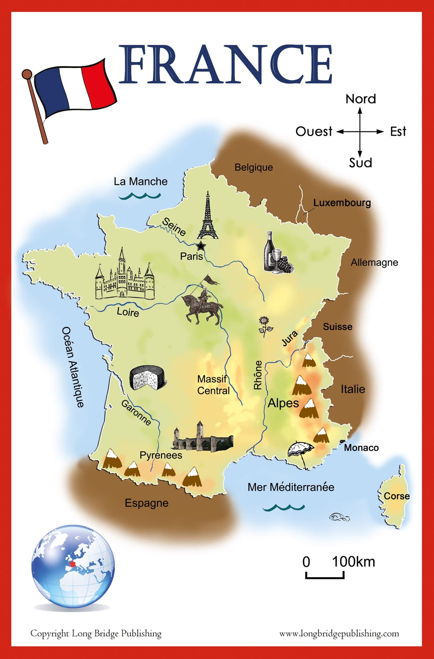 Long Bridge Publishing French Language School Poster - Simplified Map of France, Wall Chart for Classroom Décor