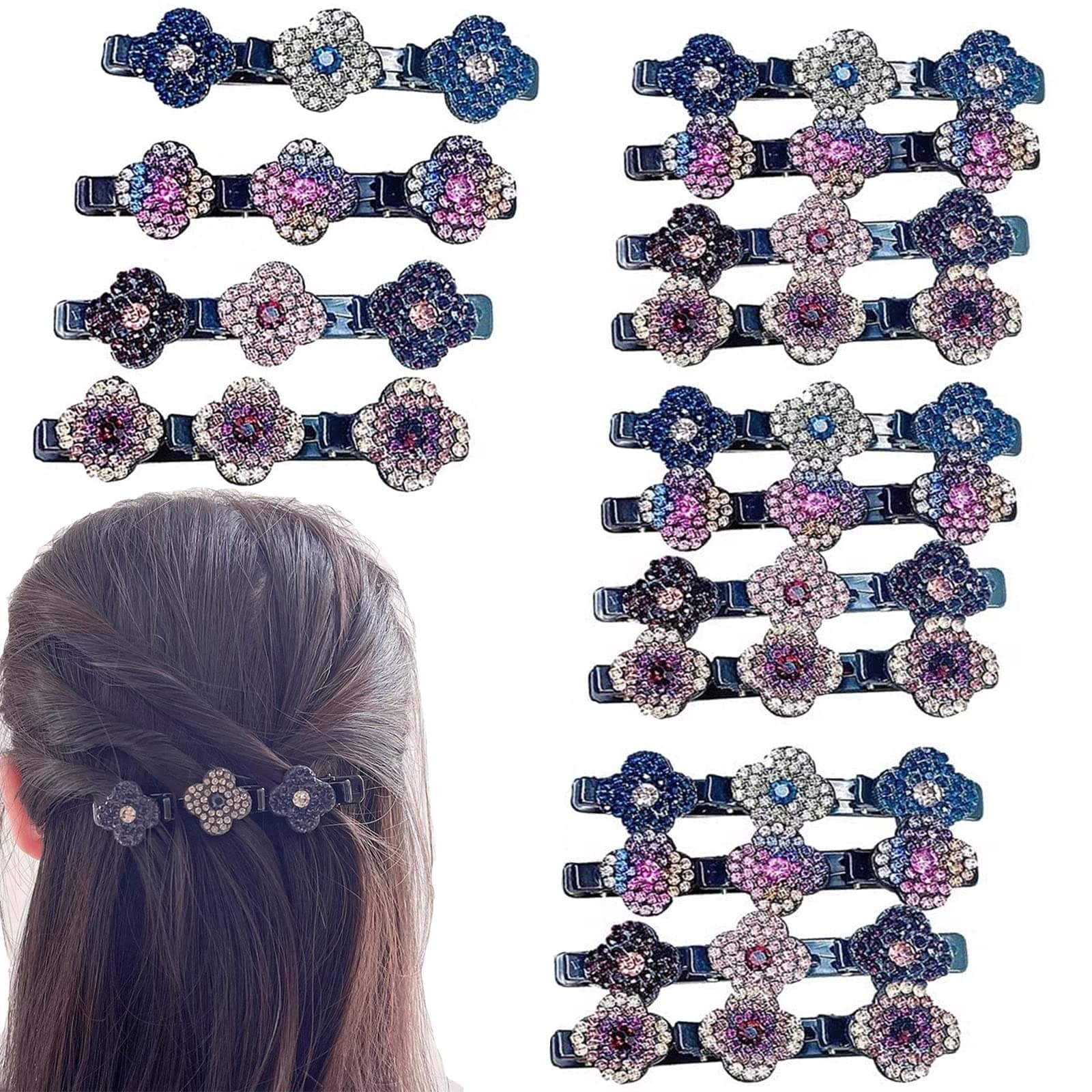 yohica Satin Fabric Hair Bands Four-Leaf Clover Chopped Hairpin Duckbill Clip Braided Hair Clip with Rhinestones for Women Sparkling Crystal Stone Braided Hair Clips-16pcs