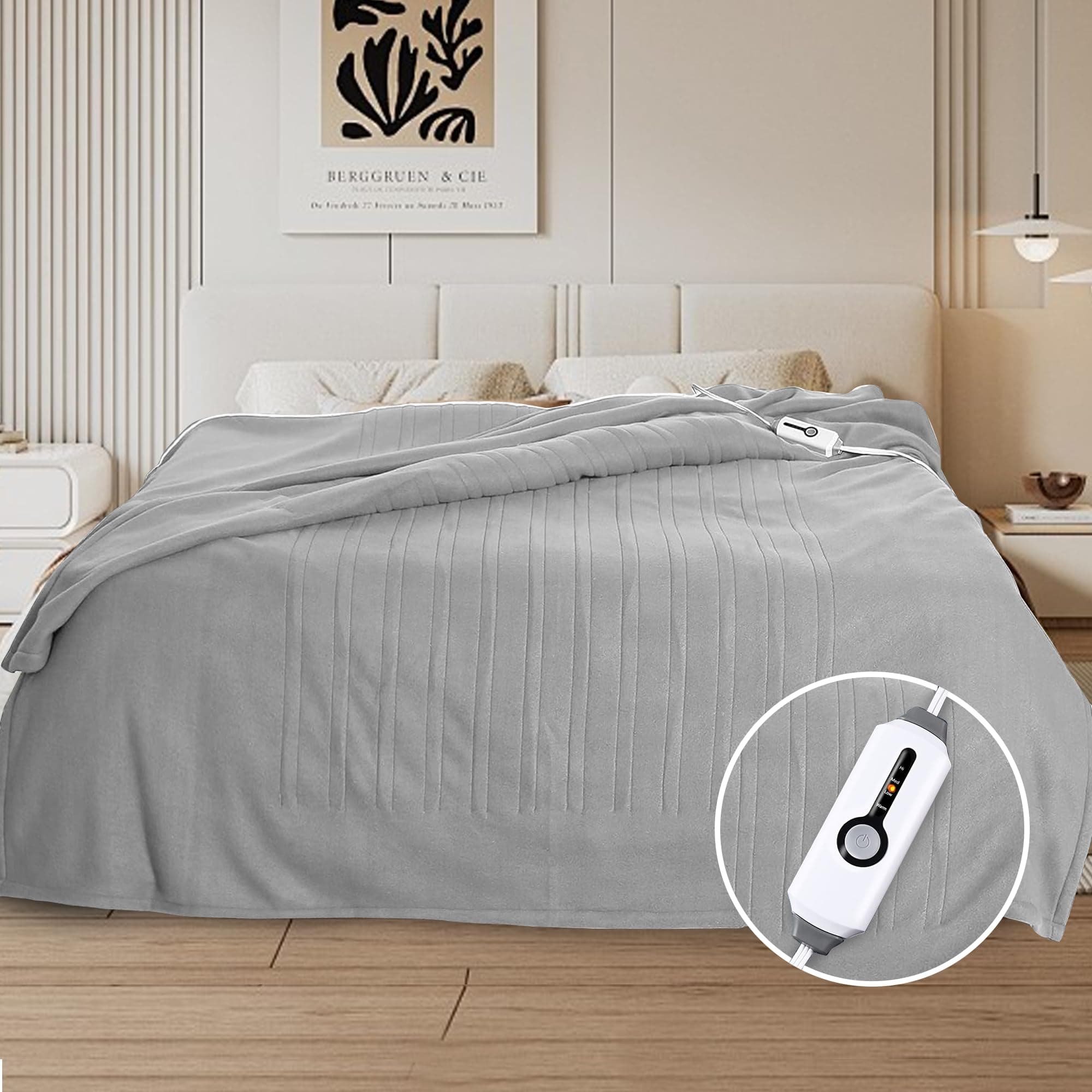 Electric Heated Blanket Full Size 72"x84", Soft Fleece with 10 Hours Auto-Off & 4 Heating Levels, Overheating Protection, Machine Washable, LightGray