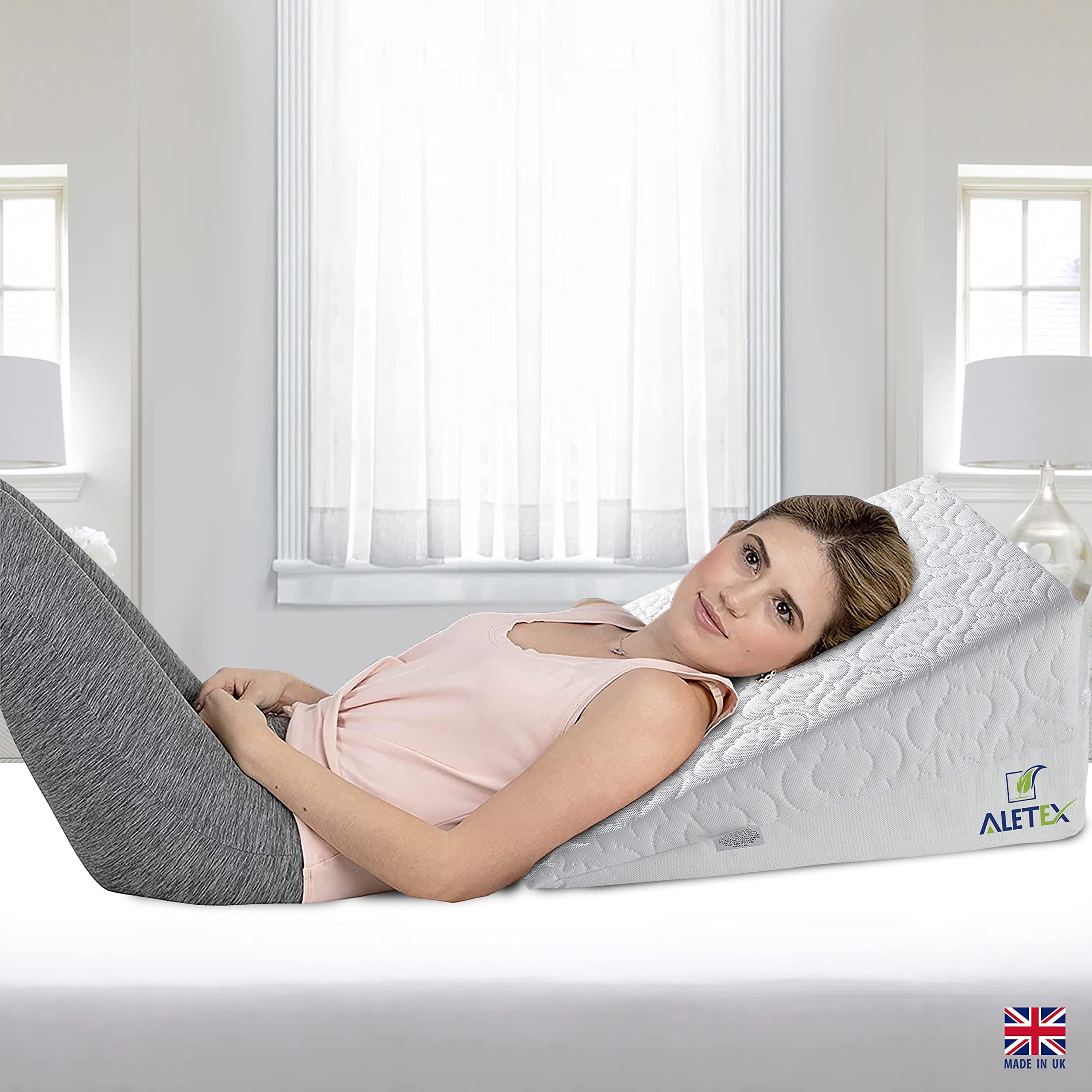 Aletex Orthopedic Bed Wedge Pillow – Made in UK – Back Support Pillow for Bed, Leg Elevation, Reading, Acid Reflux Pillow and back rest for bed - Removable & Washable Cover, White, 50x46x28