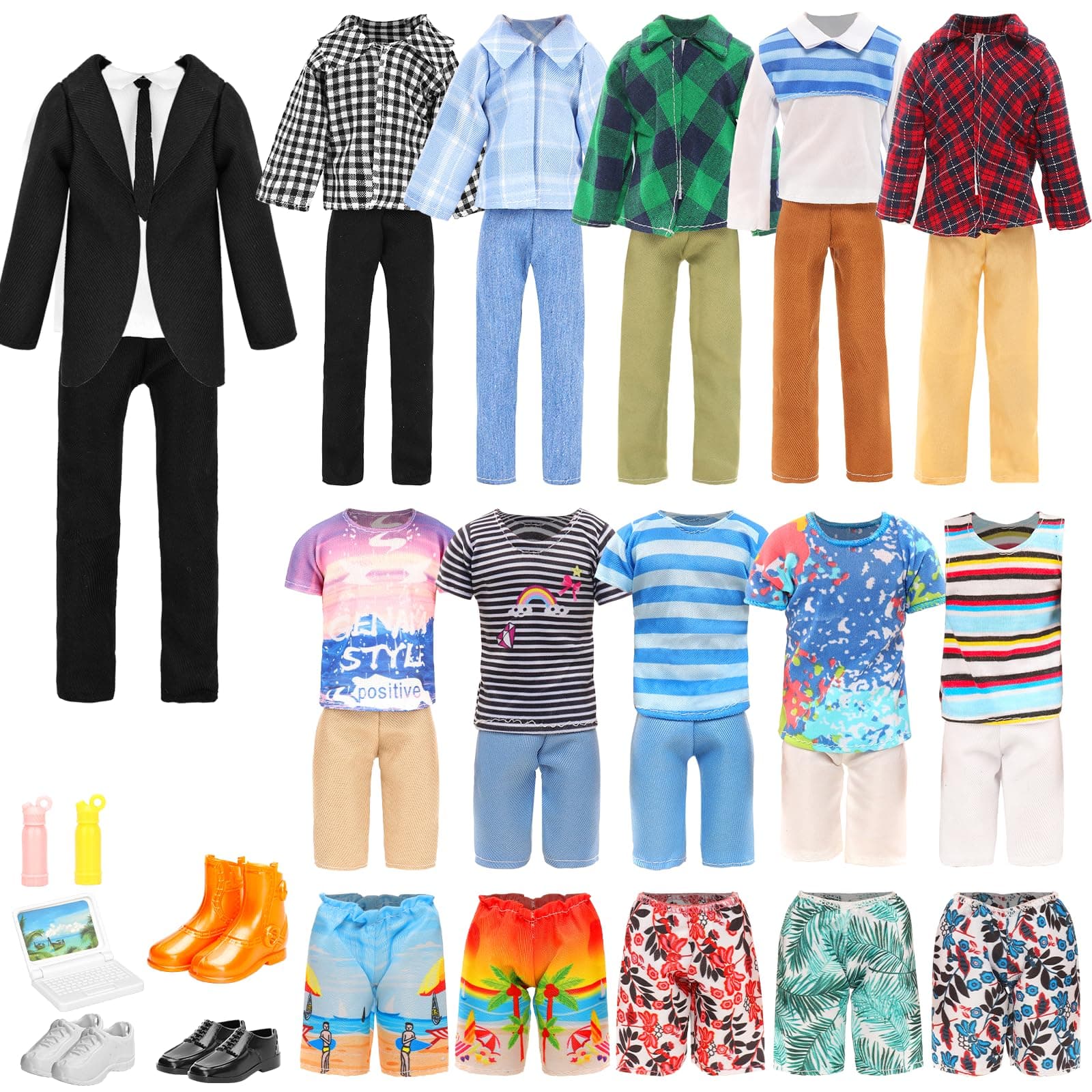 Miunana 14 pcs Boy Doll Clothes Outfits and Accessories Suit Tops Pant Shorts Swimming Trunk Shoes Laptop Casual Clothes Random Style for 12 Inch/30 cm Doll
