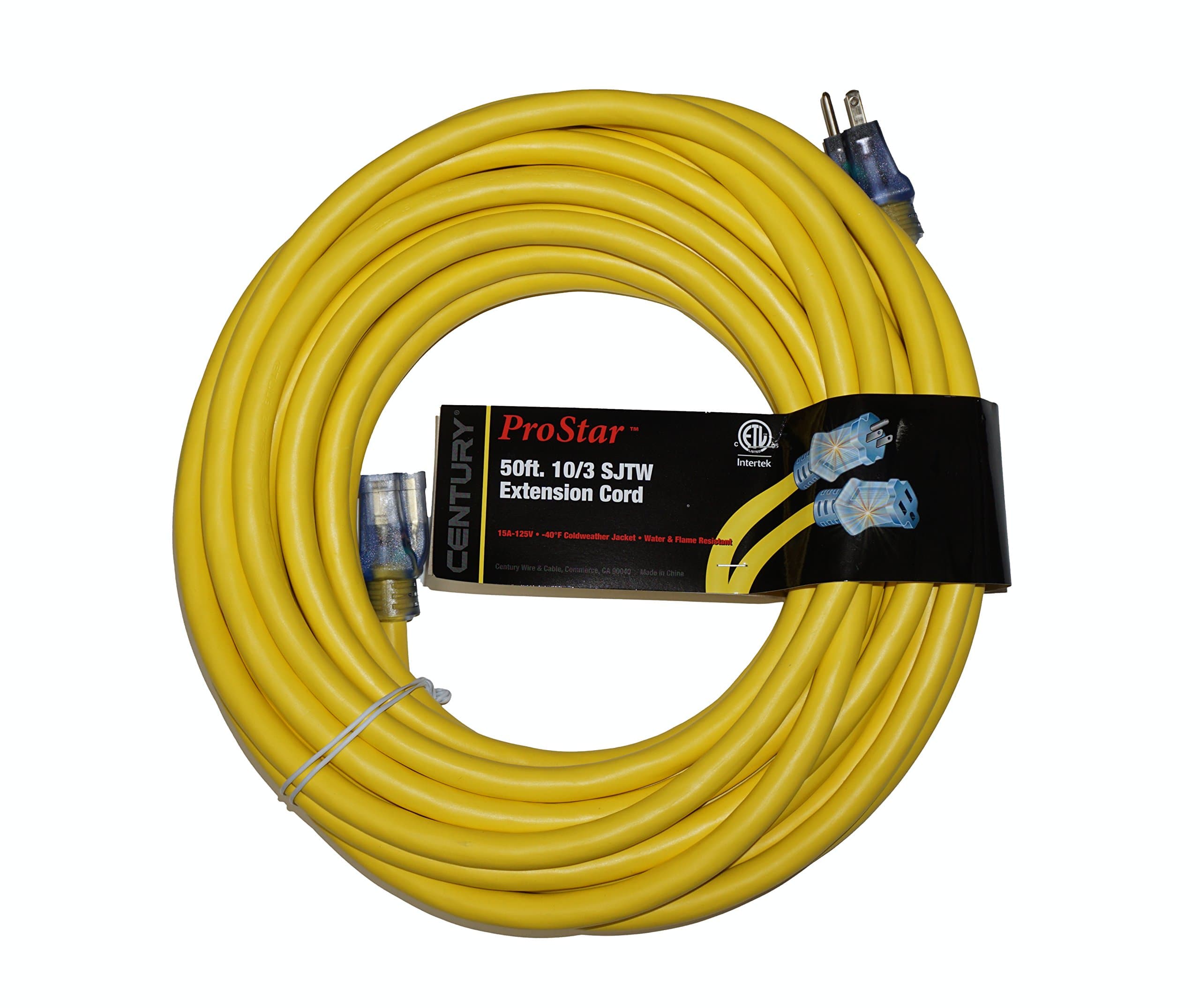 ProStar 10 Gauge SJTW 3 Conductor 50 Foot Extension Cord with Lighted Ends - Yellow