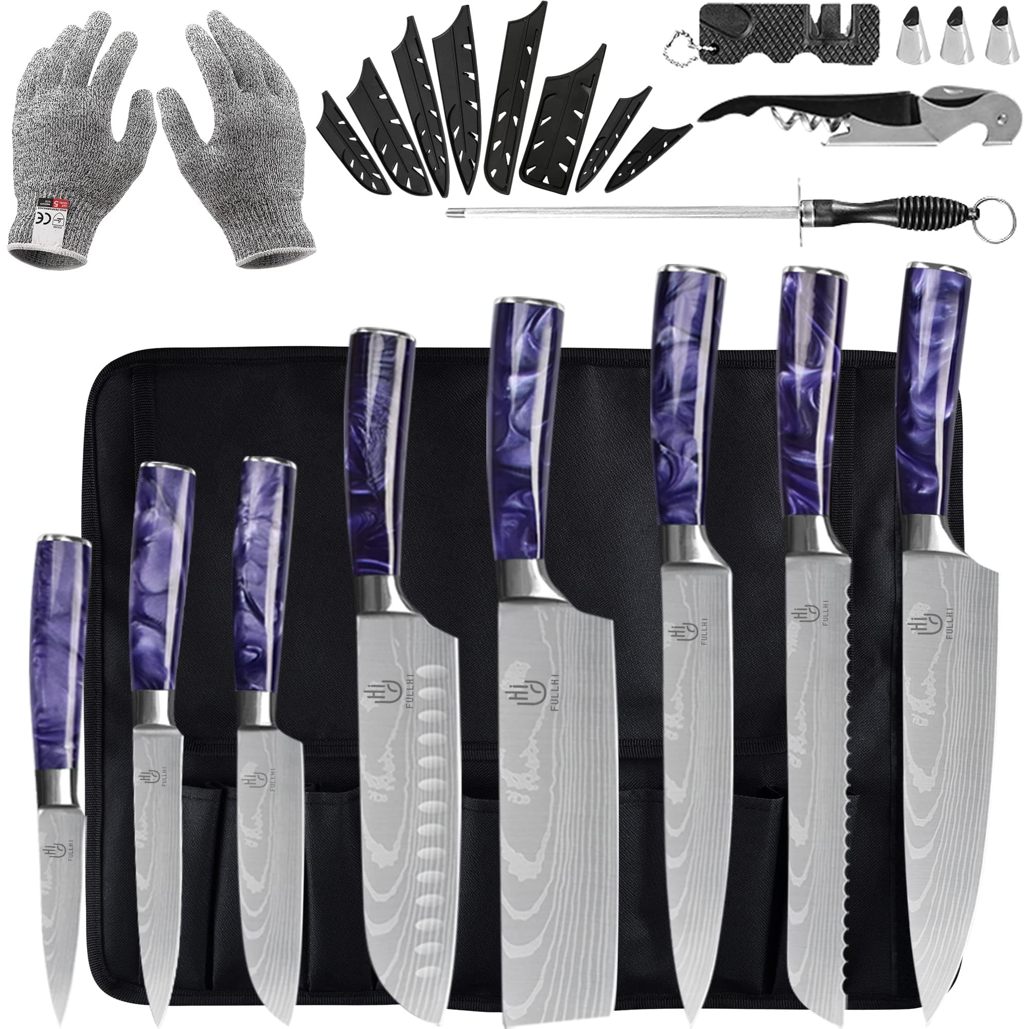 FULLHI Knife Set, 14pcs Japanese Knife Set, Purple Resin Handle Premium Stainless Steel Kitchen Knife Set