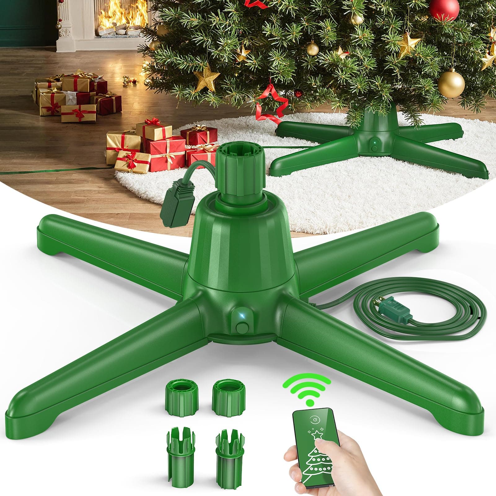 Rotating Christmas Tree Stand, Up to 7.5ft 90lb Artificial Tree, Remote Control, 3 Light Outputs, Up to 625 Watts, Plastic, Deep Green