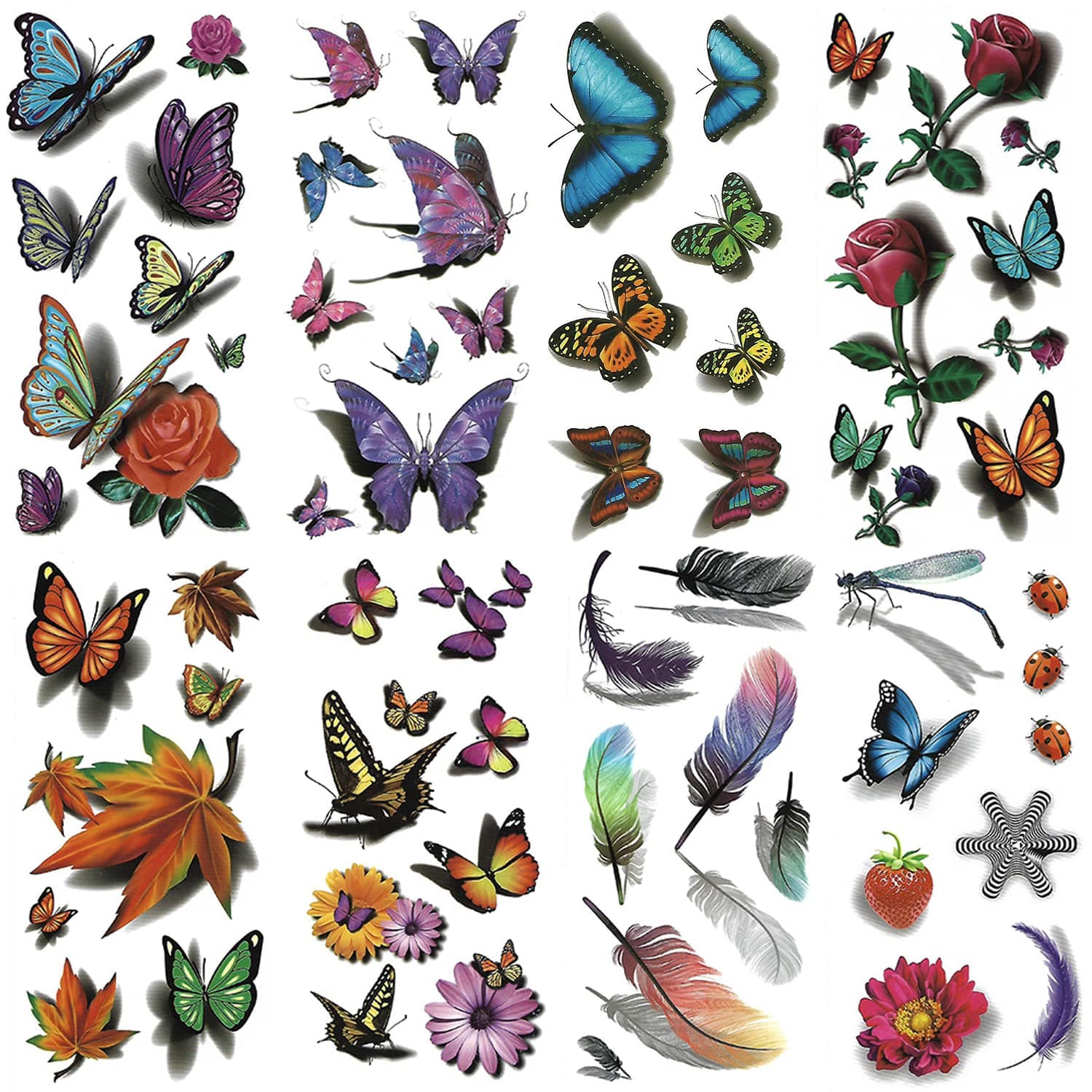 Temporary Tattoos for Women 8 Large sheets 3D Butterfly Tattoo Stickers Waterproof Flowers Dragonfly for Girls. (style 2)