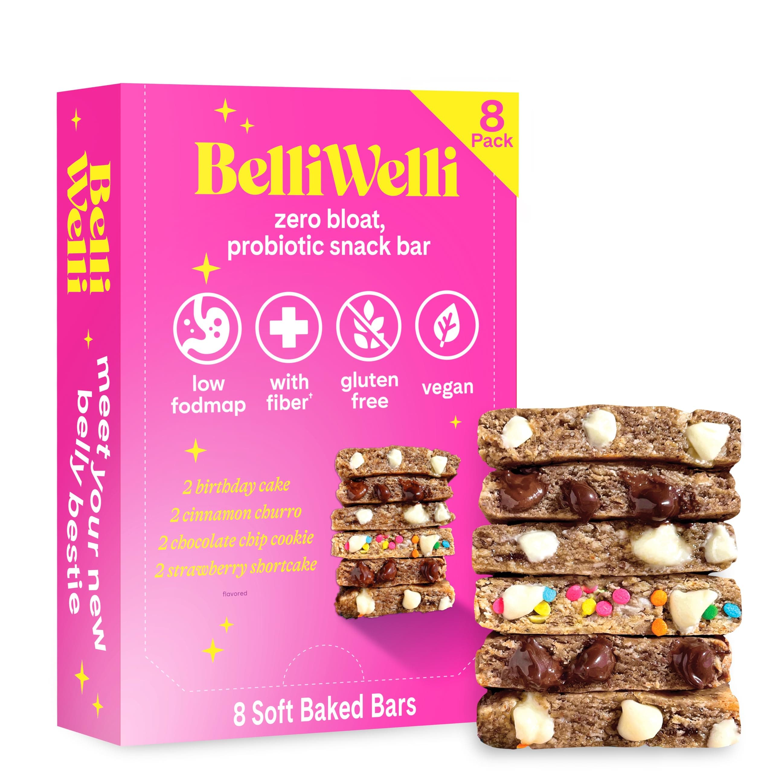 Belliwelli Soft Baked Probiotic Snack Bars | Gluten-Free, Dairy-Free, Vegan, Low-FODMAP | High-Fiber, Healthy & Tasty | Variety (8 Pack)