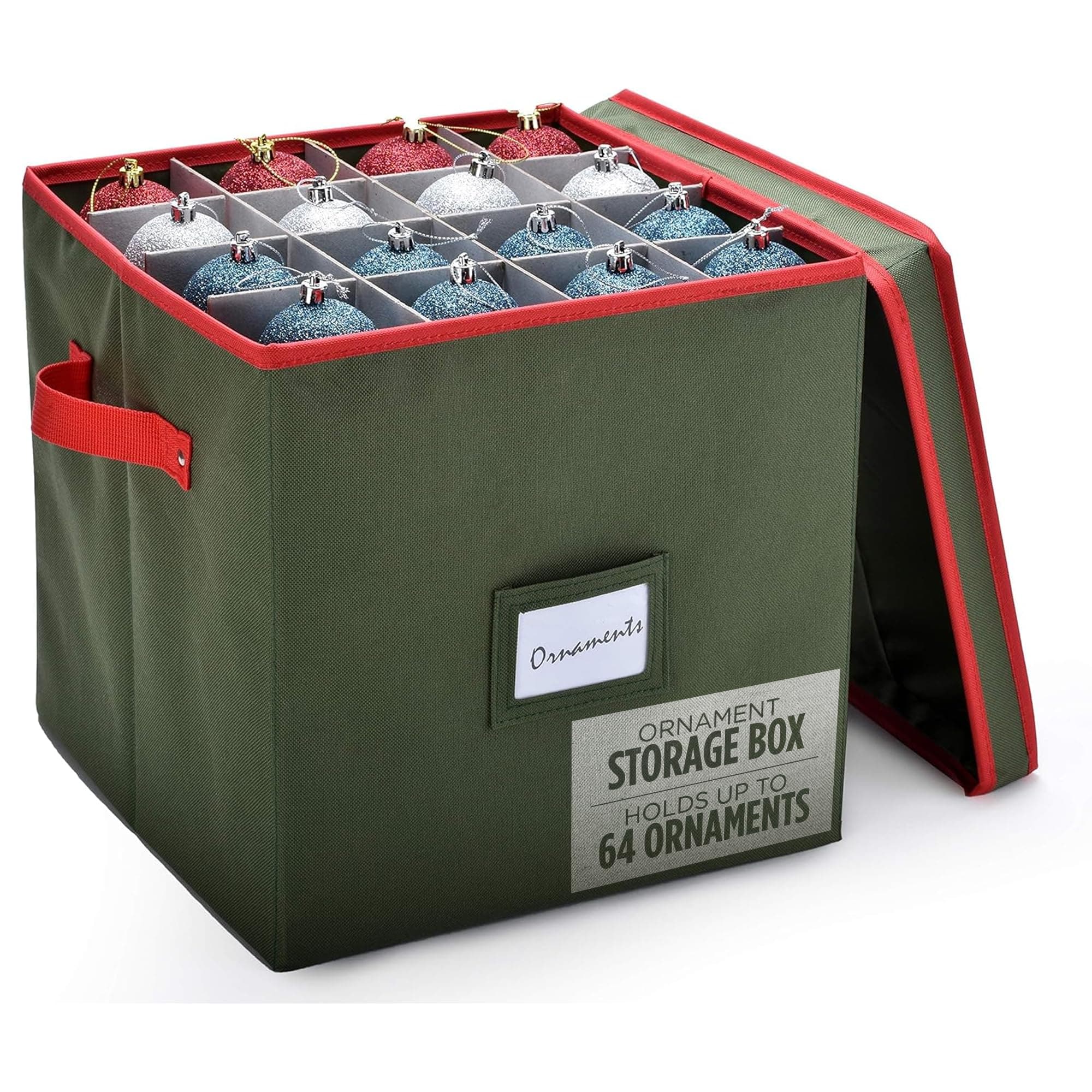 Handy Laundry Christmas Ornament Storage - Stores upto 64 Holiday Ornaments, Adjustable Dividers, Two Handles. Storage Box Keeps Holiday Decorations Clean and Dry for Next Season. (Green)