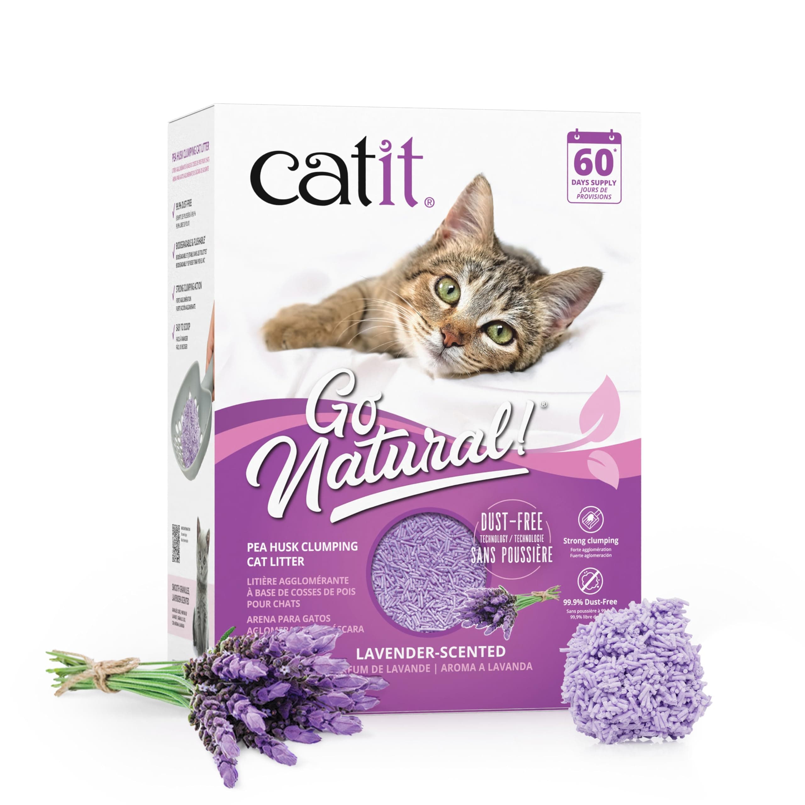 Catit - Go Natural Pea Husk Clumping Cat Litter - Lightweight, Dust Free, Easy Cleaning & Scooping, Flushable Kitty Litter with Odor Control & Subtle Fragrance - 12.3 Lbs, Lavender Scented