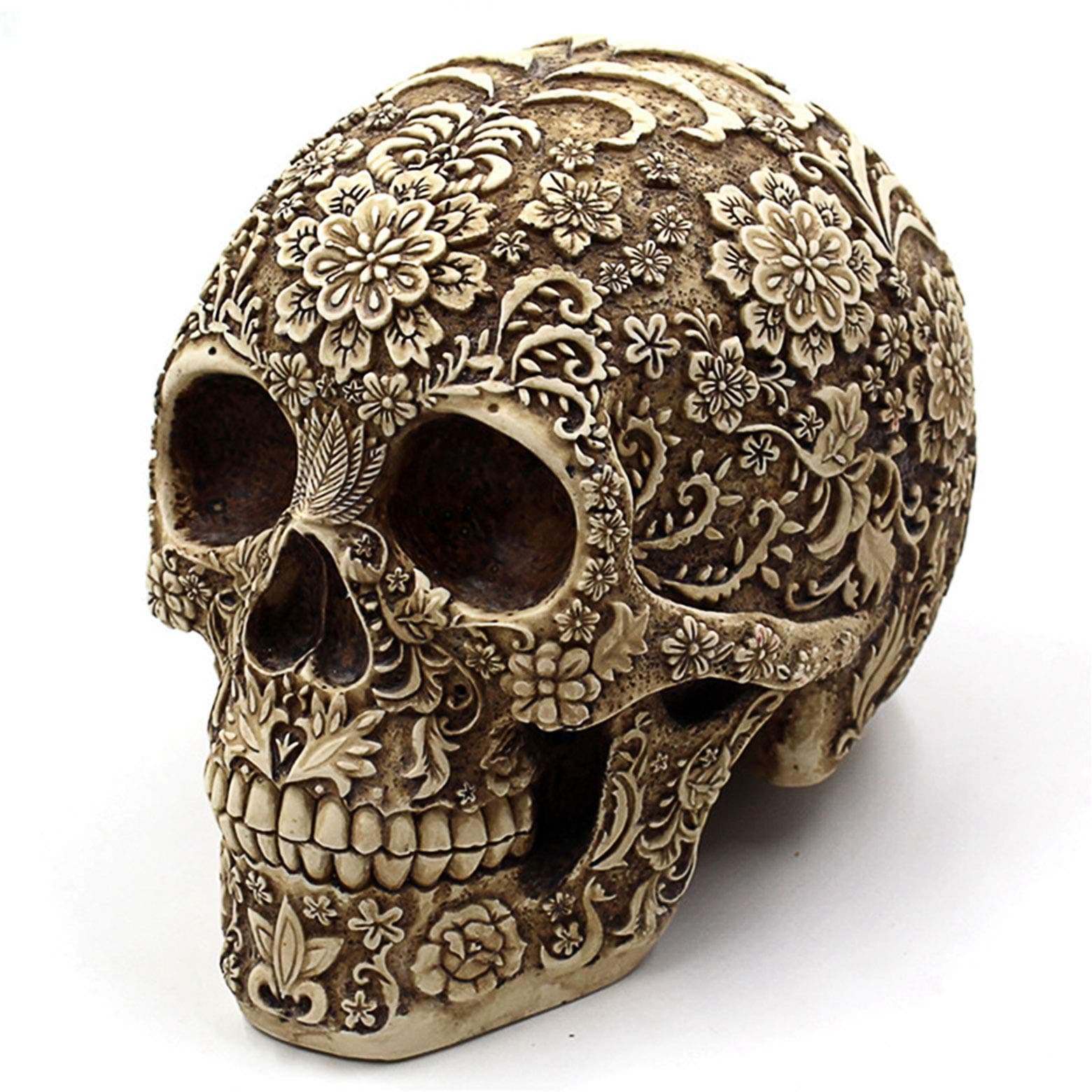 Ujoy Creative Skull Flowers Sculpture 8.1'' Human Head Skeleton Statue Collectible Halloween Decoration Home Decor, Ornate Flower Skull Face Home Decor Realistic Human Head model Sculpture Gifts