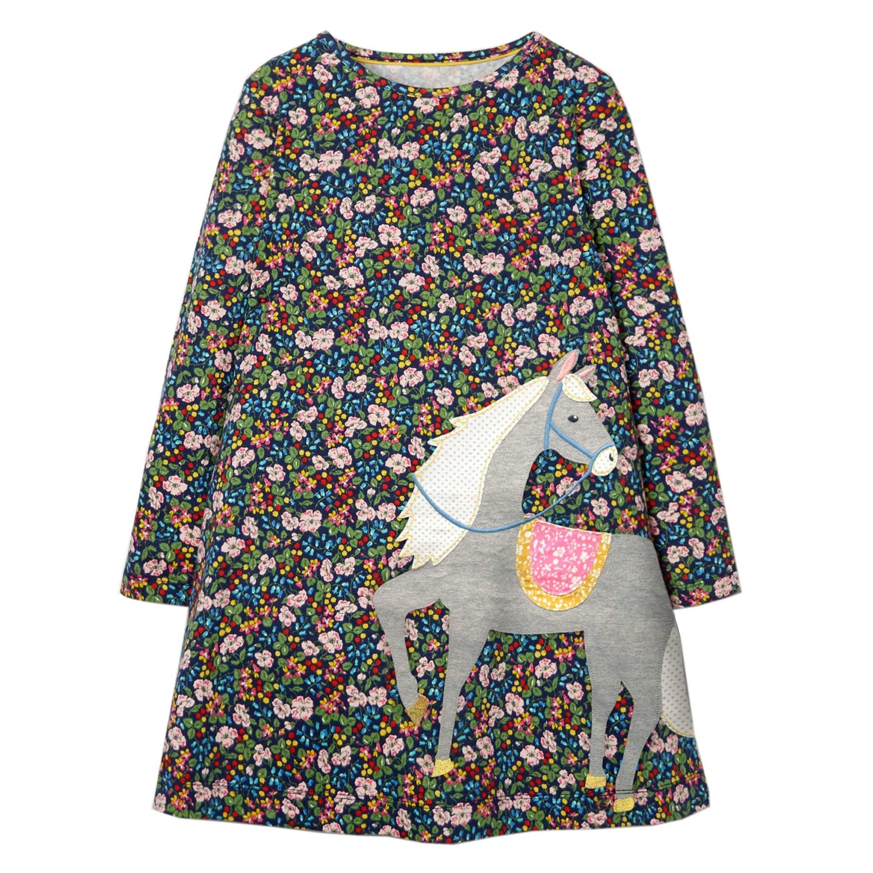 YoulebaoGirls Cotton Long Sleeve Casual Cartoon Appliques Striped Jersey Dresses