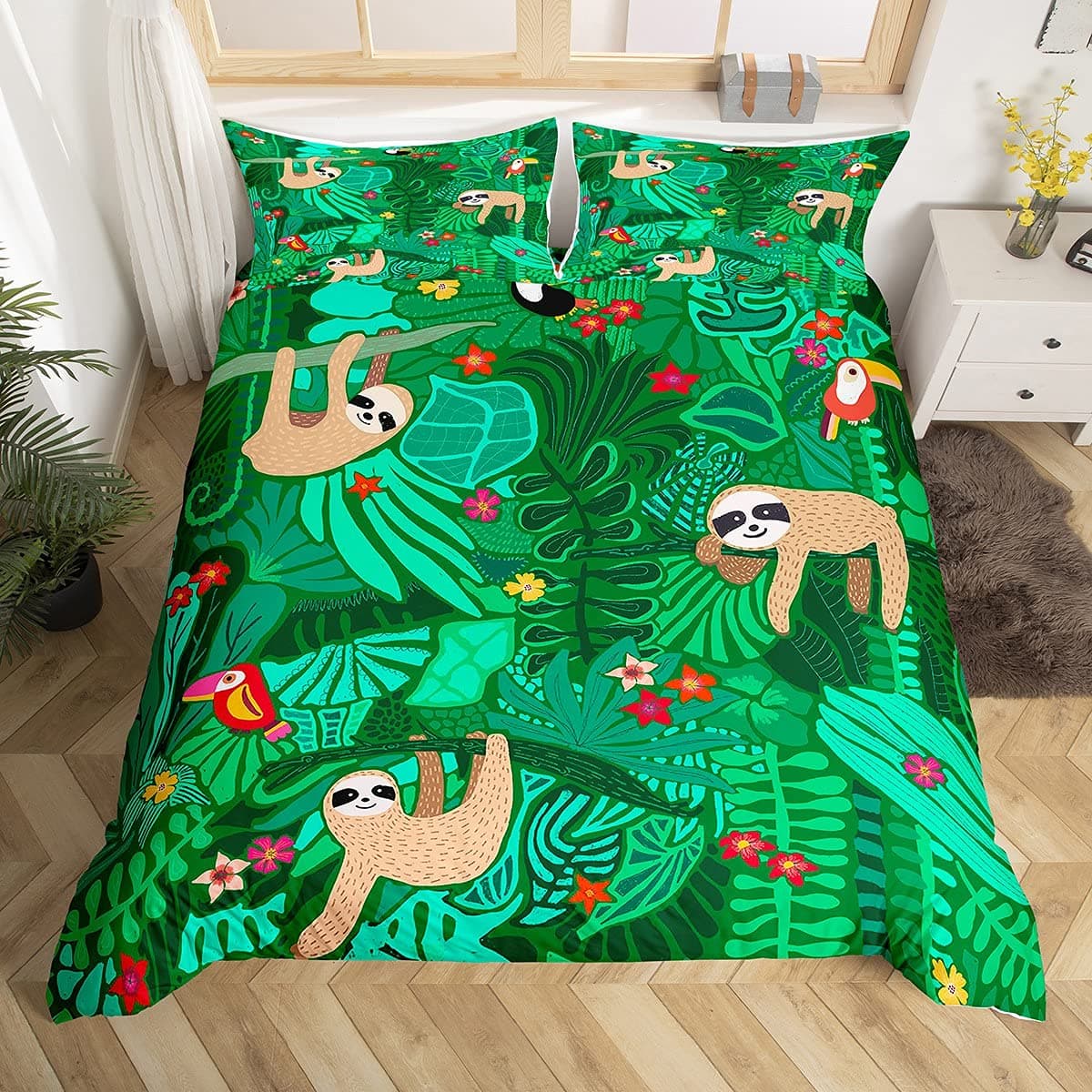 Sloth Bedding Set Kids Cartoon Sloth Printed Comforter Cover Boys Girls Cute Animal Pattern Duvet Cover Luxury Microfiber Quilt Cover,Room Decor 3Pcs Bedding Double Size
